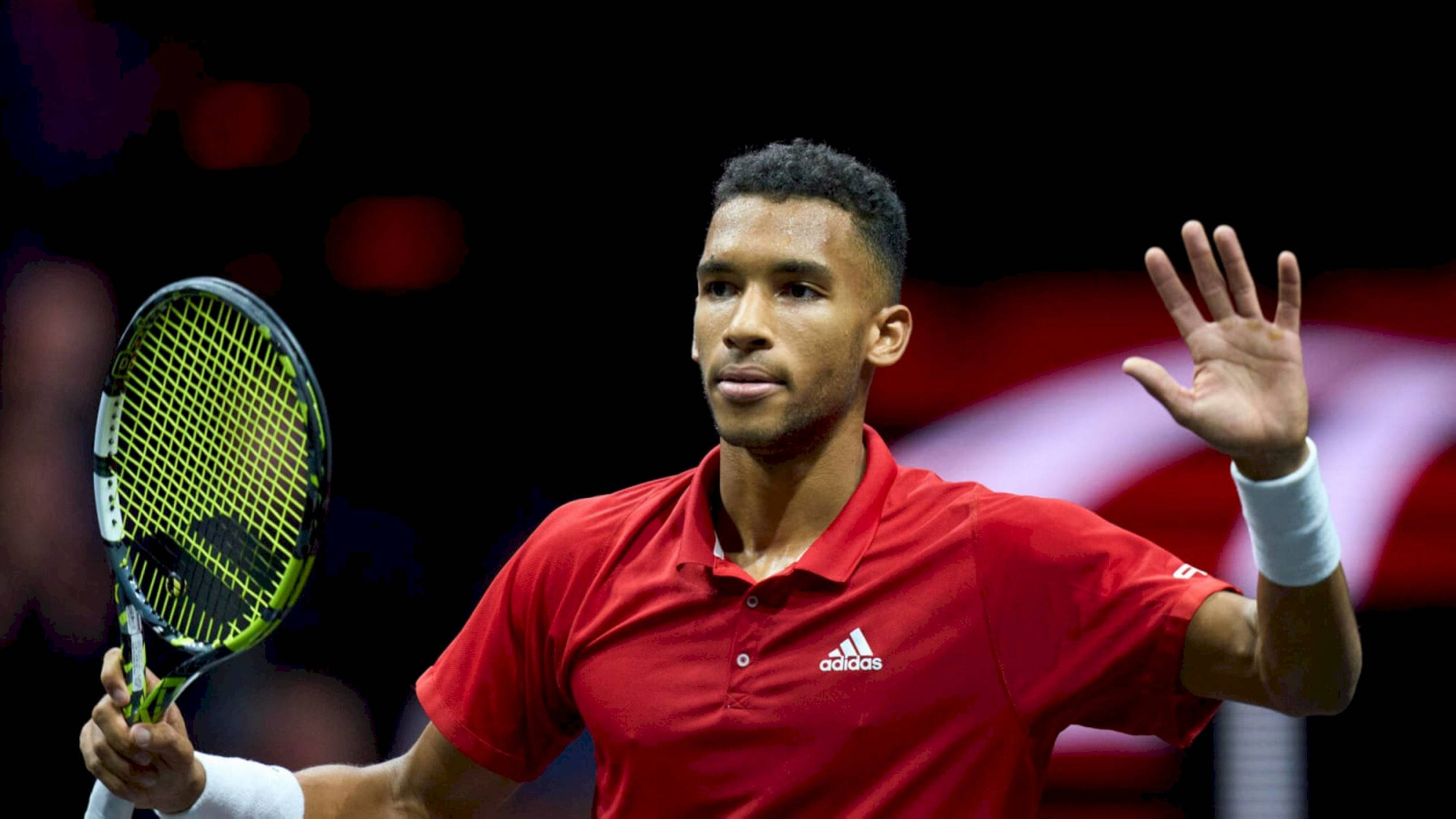 Felix Auger Aliassime, red adidas shirt, racket, Full HD Desktop Wallpaper