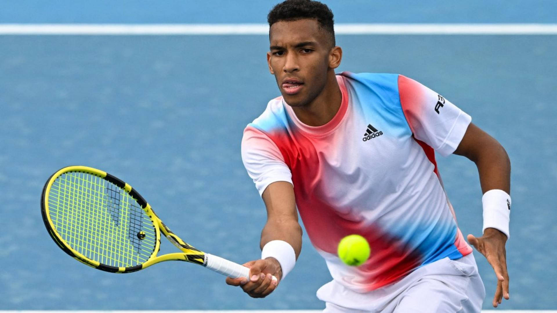 Felix Auger Aliassime, colorful shirt, bright yellow tennis ball, Full HD Desktop Wallpaper