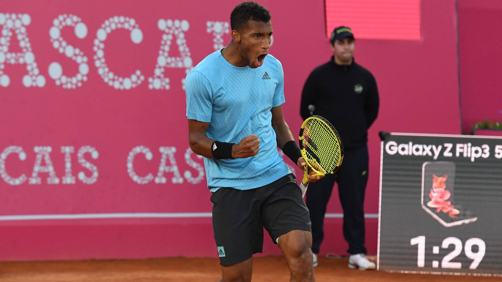 Felix Auger Aliassime, blue shirt, clay court, Full HD Desktop Wallpaper