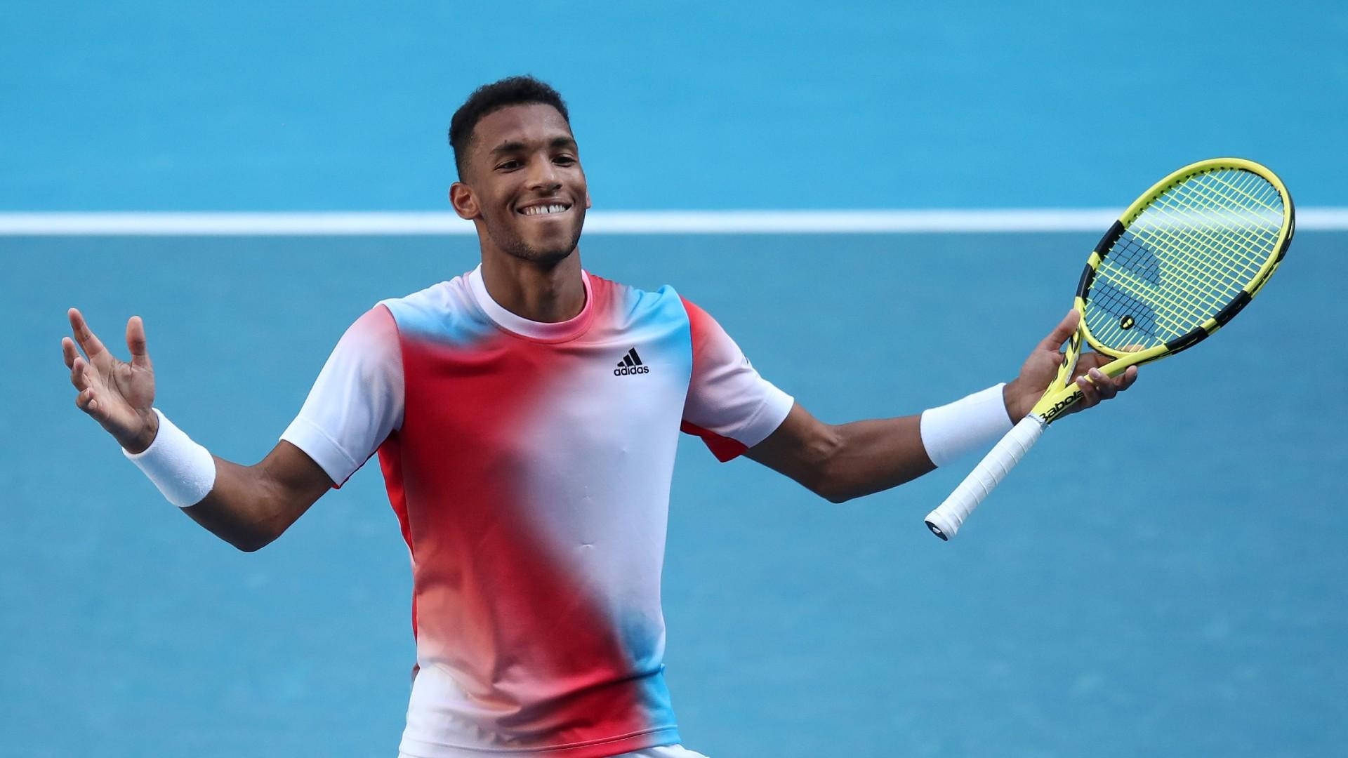 Felix Auger Aliassime, vibrant blue court, tennis player, Full HD Desktop Wallpaper