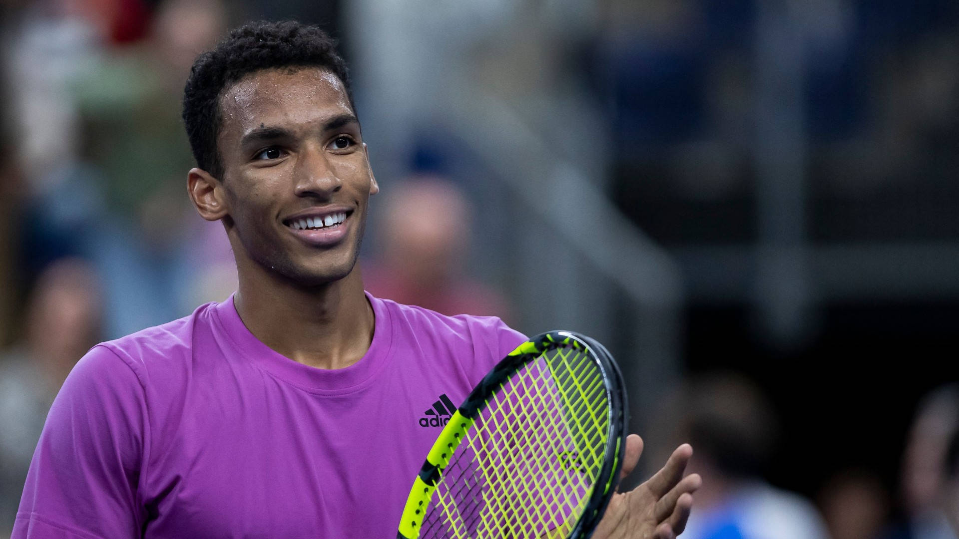 Felix Auger Aliassime, purple shirt, neon racket, Full HD Desktop Wallpaper