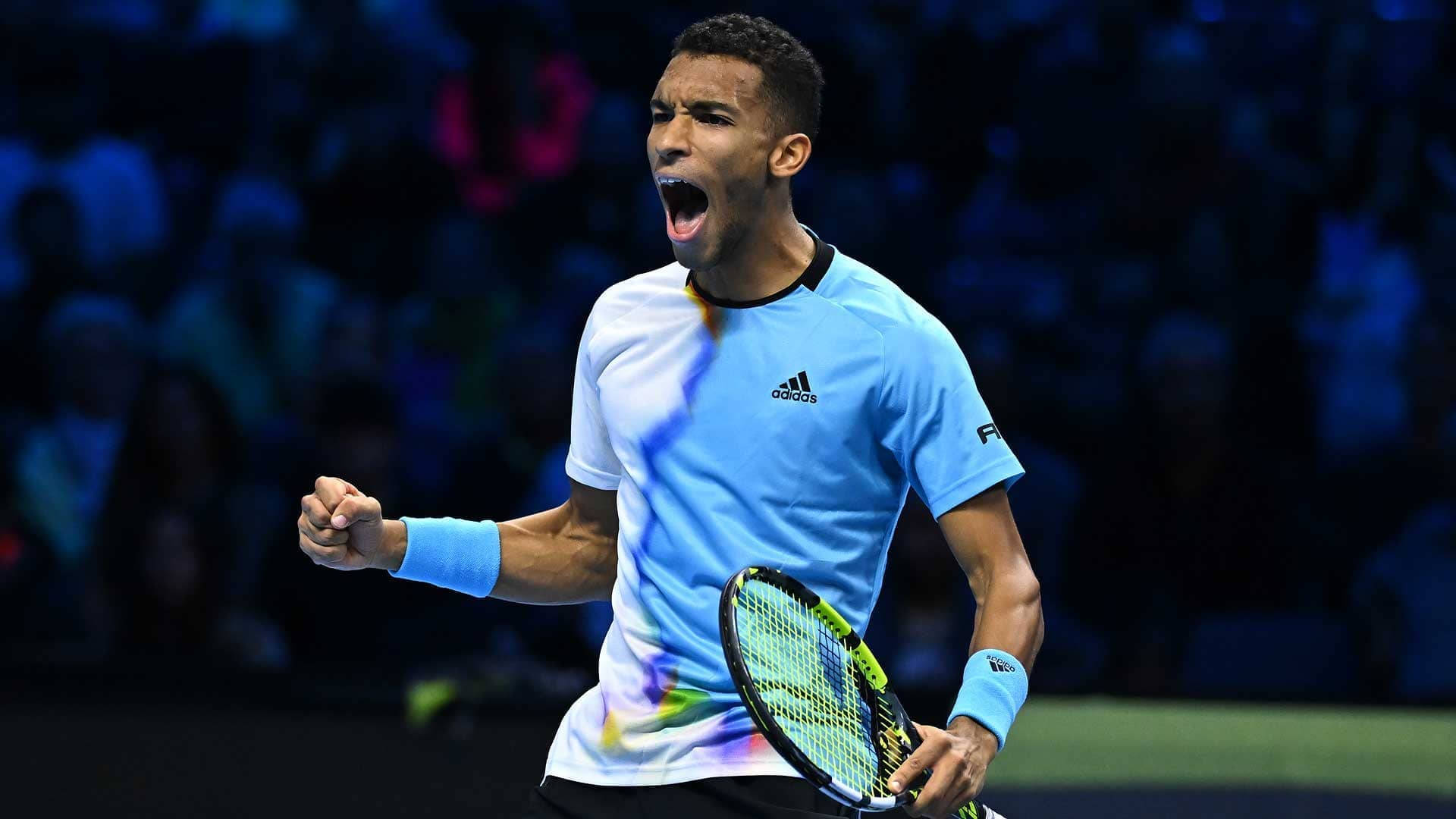 Felix Auger Aliassime, light blue shirt, clenched fist, Full HD Desktop Wallpaper