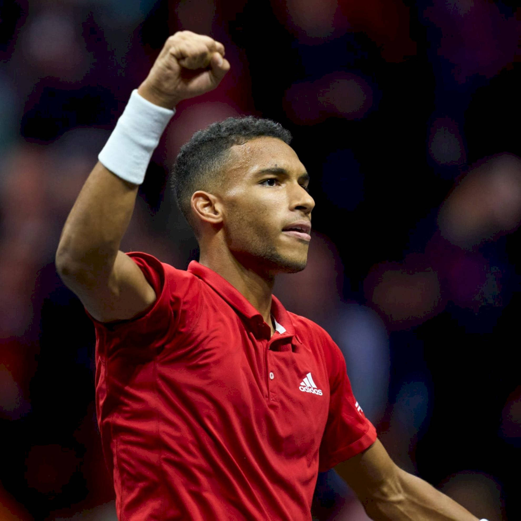 Felix Auger Aliassime, white wristband, red shirt, Full HD Desktop Wallpaper