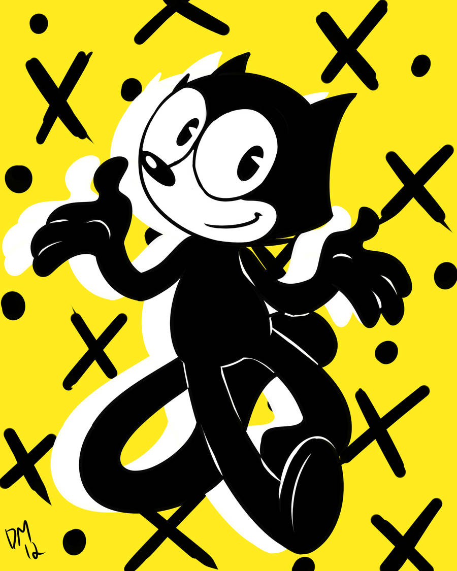 Felix The Cat, yellow background, black and white cartoon cat, SD Phone Wallpaper