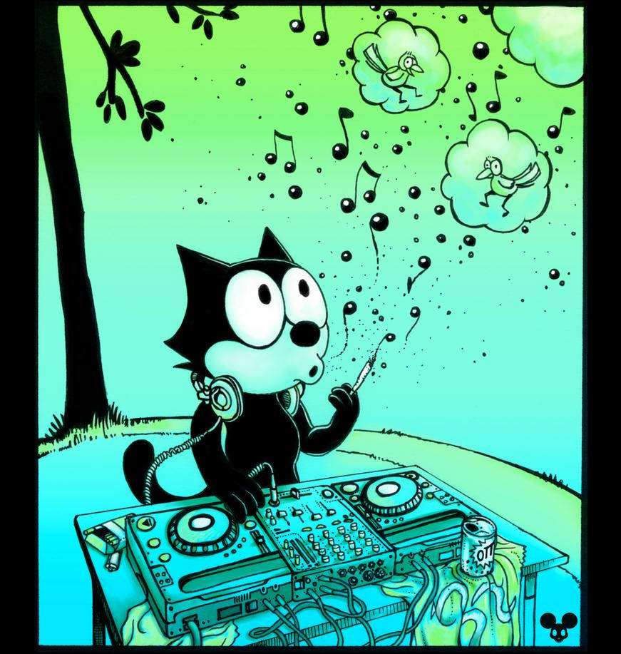 Felix The Cat, music DJ, vibrant teal and green sky, SD Phone Wallpaper