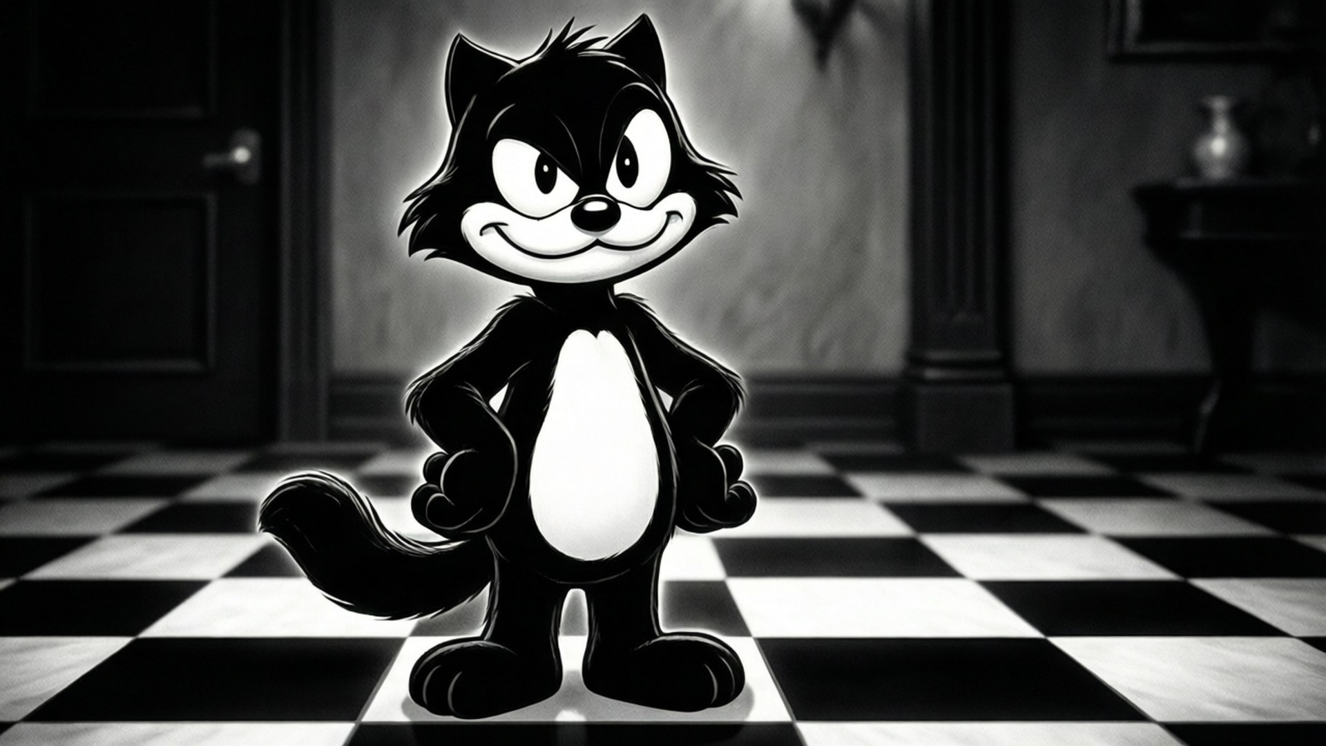 Felix The Cat, checkered floor, dimly lit room, Full HD Desktop Wallpaper
