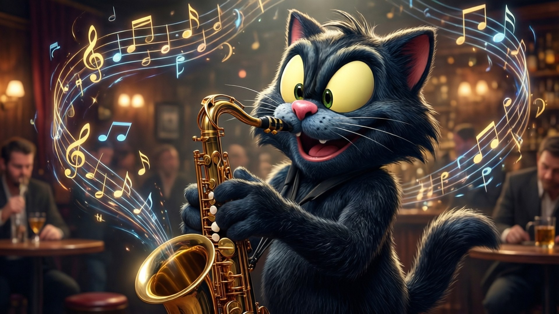 Felix The Cat, jazz bar, golden saxophone, Full HD Desktop Wallpaper