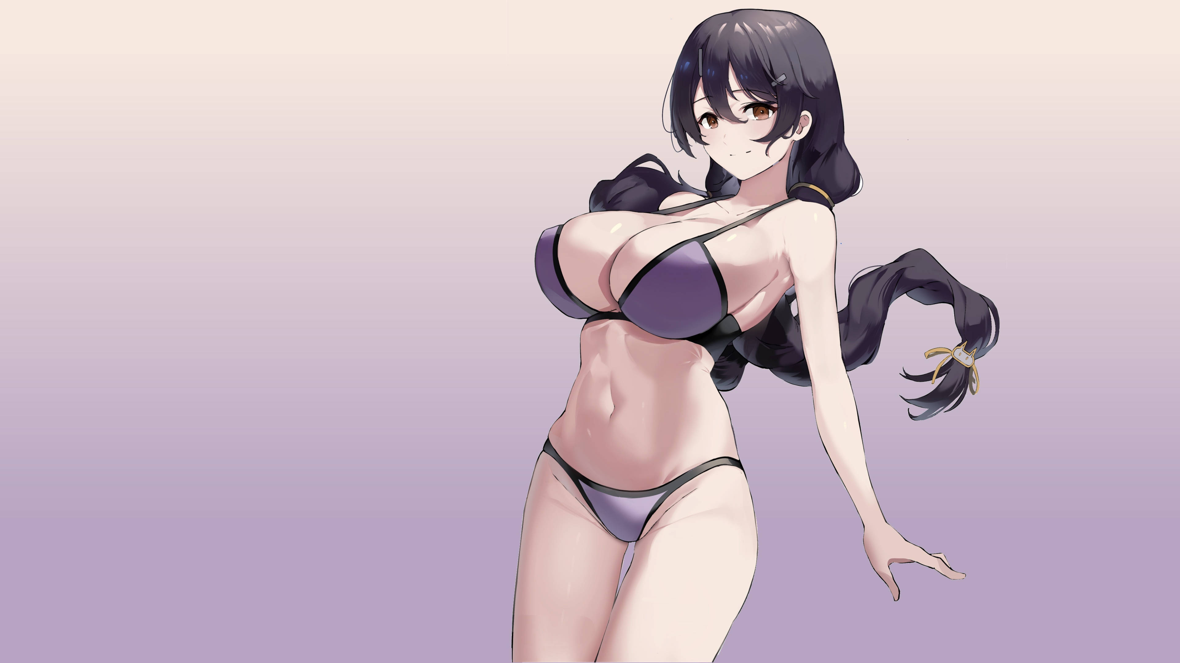 Anime girl, purple bikini, soft lavender gradient background, 4K Desktop Wallpaper