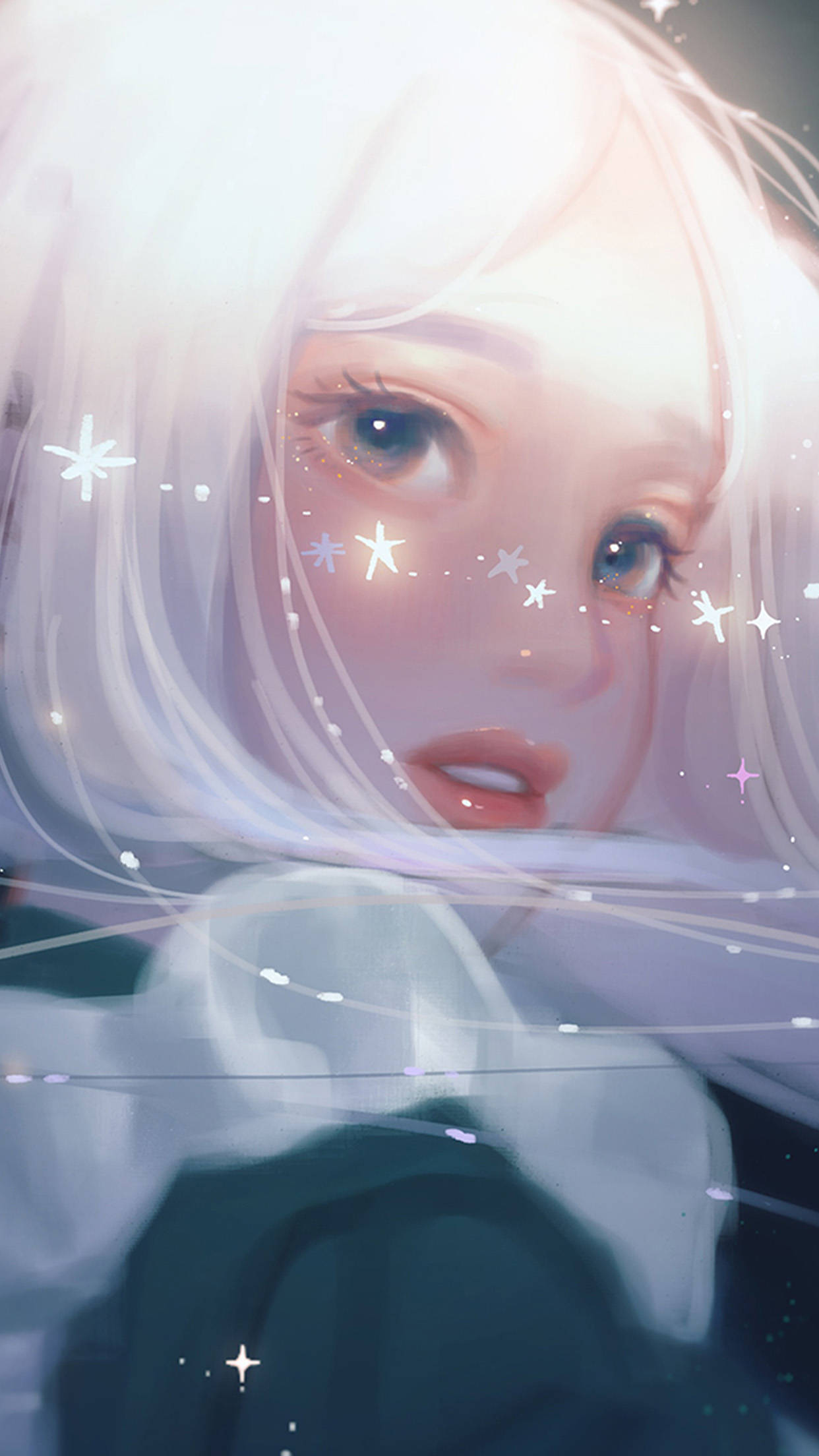 anime girl, glowing star-like sparkles, soft white hair, Full HD Phone Wallpaper