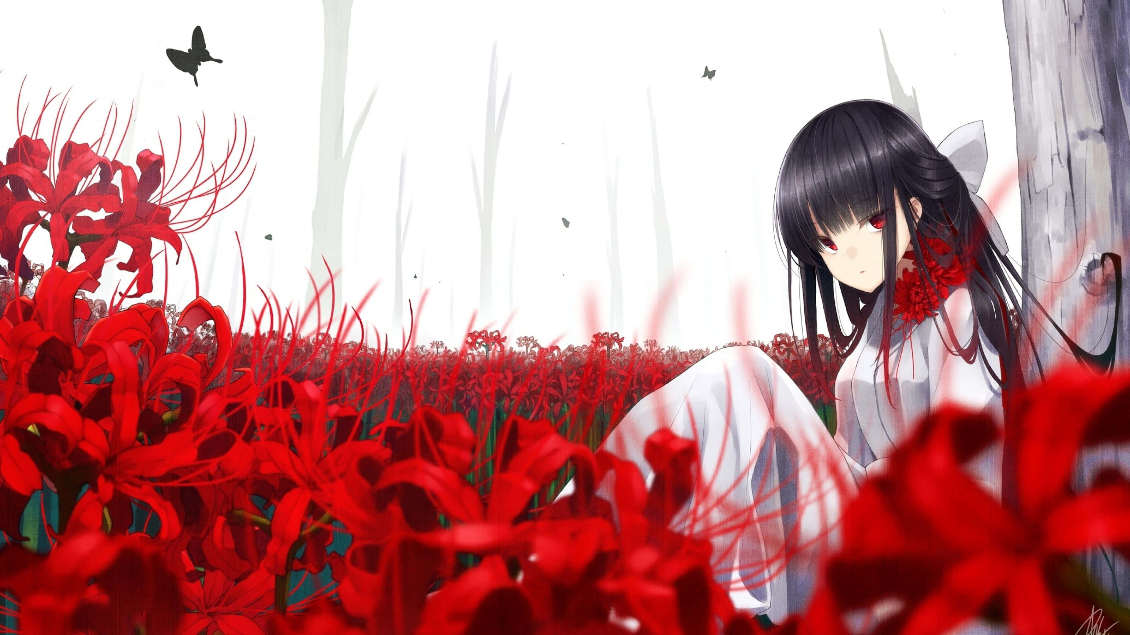 red eyes, red spider lilies, stark white forest, 4K Desktop Wallpaper