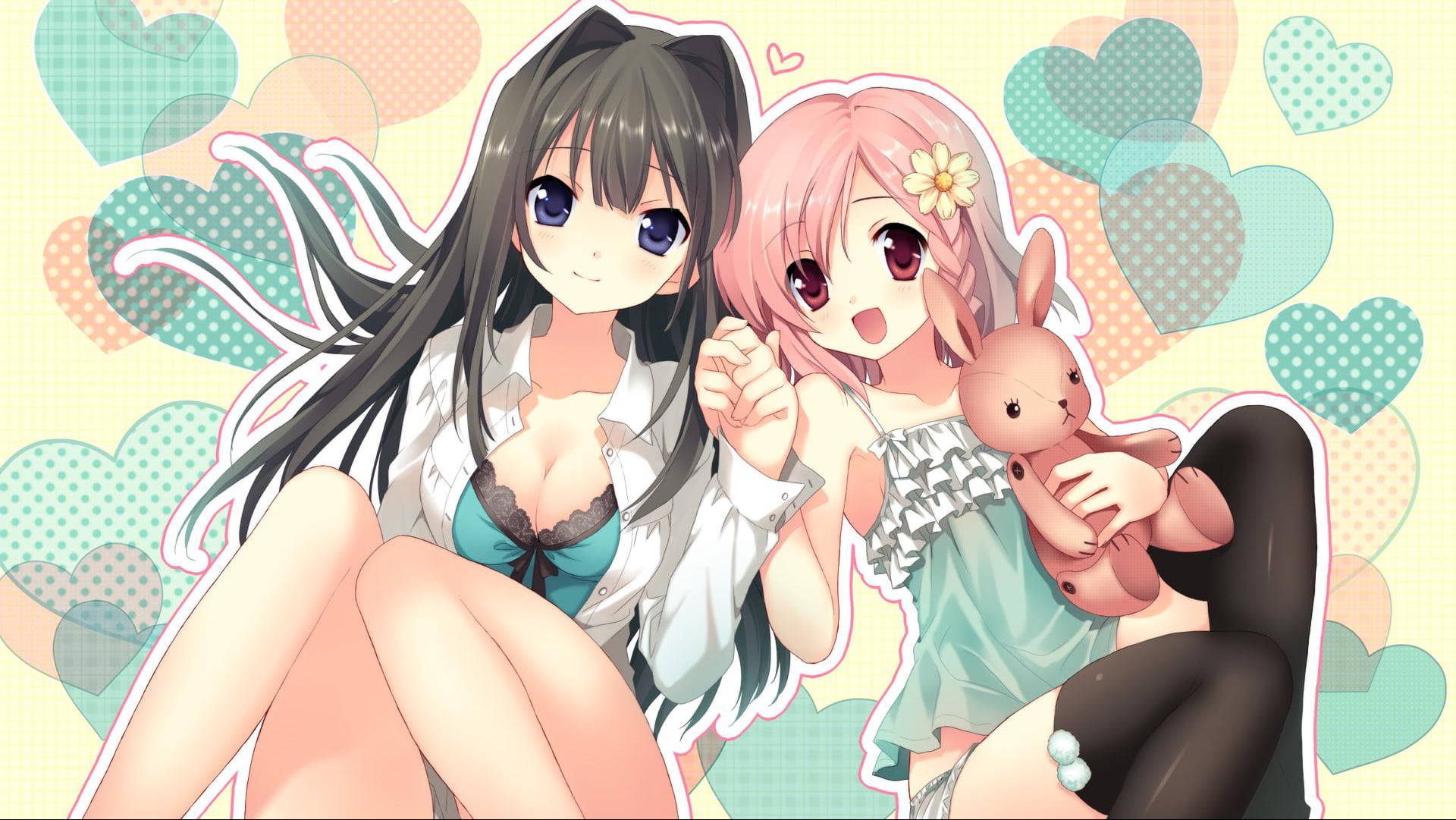 anime girls, cat ears, pastel heart-patterned background, Full HD Desktop Wallpaper