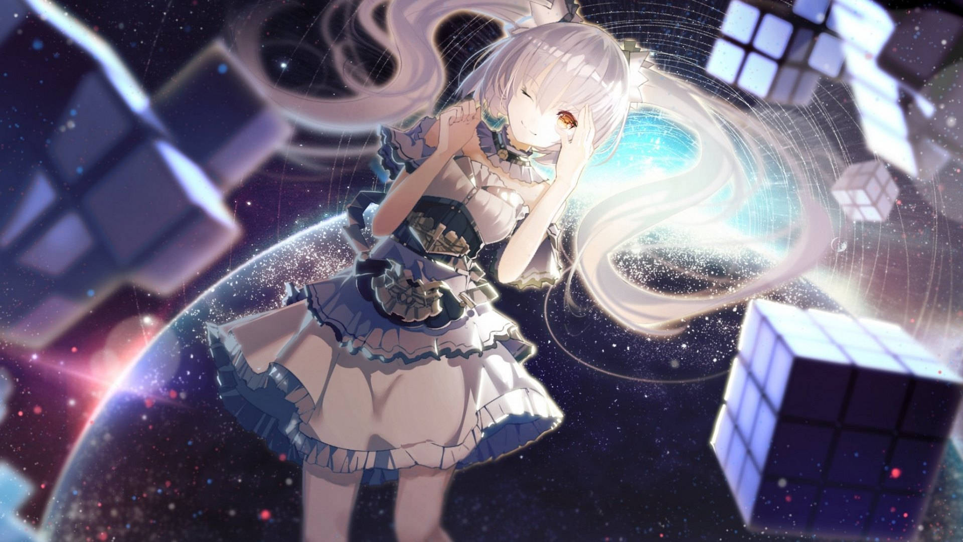 anime girl, long white hair, floats in space, Full HD Desktop Wallpaper