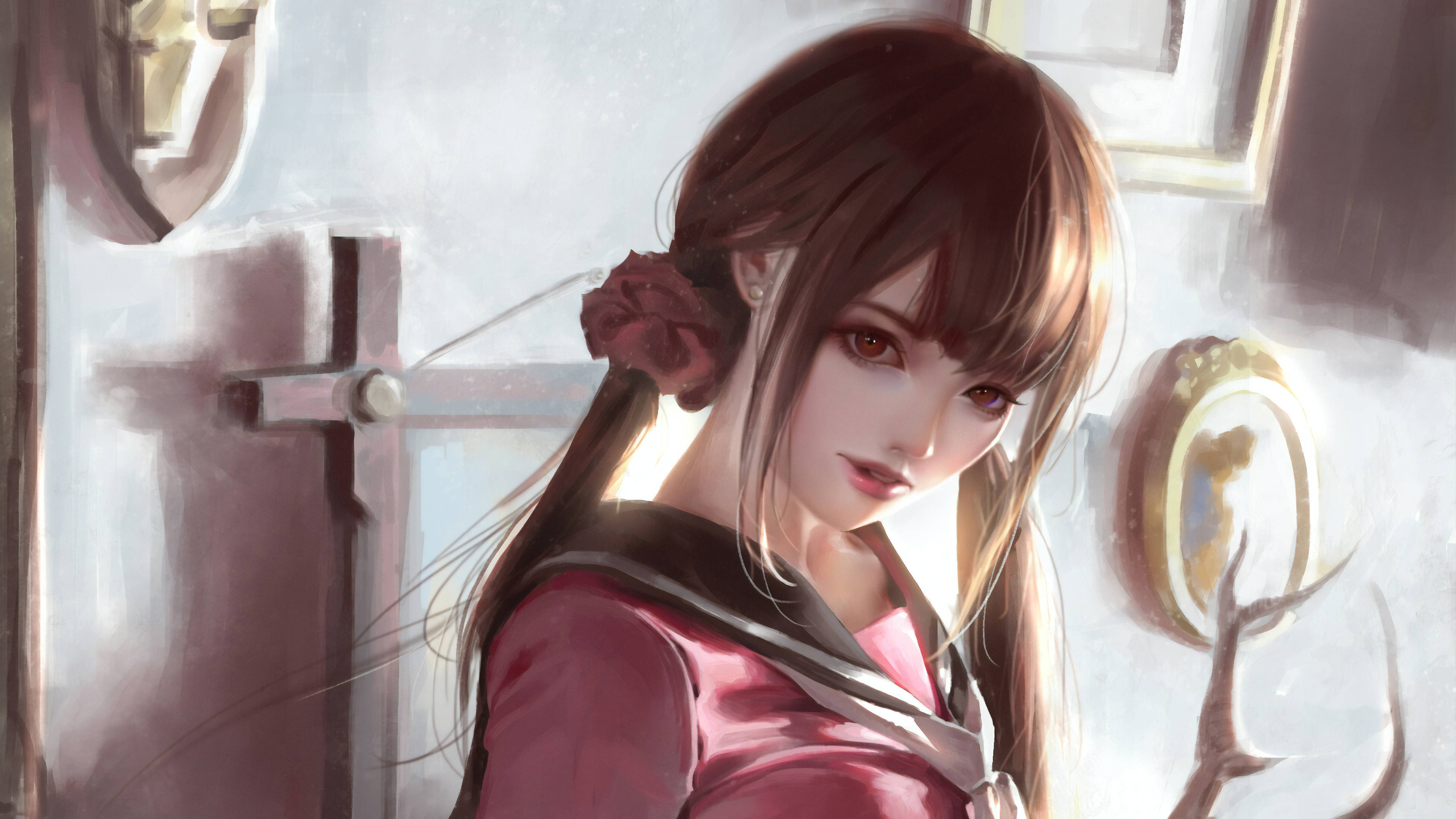 Cute Woman Anime, brown hair, red bow, 4K Desktop Wallpaper