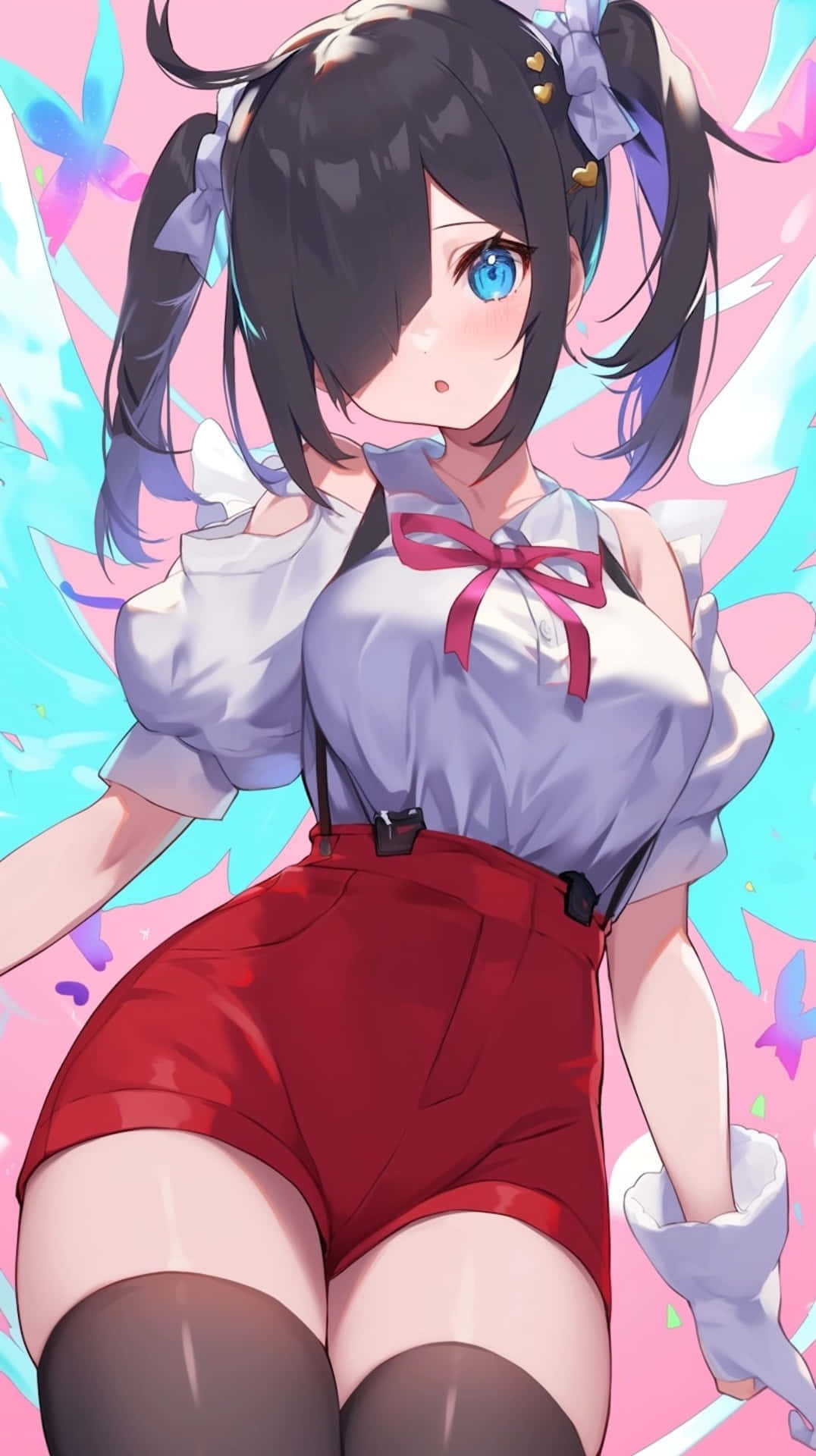 anime girl, blue eyes, dark pigtails, Full HD Phone Wallpaper