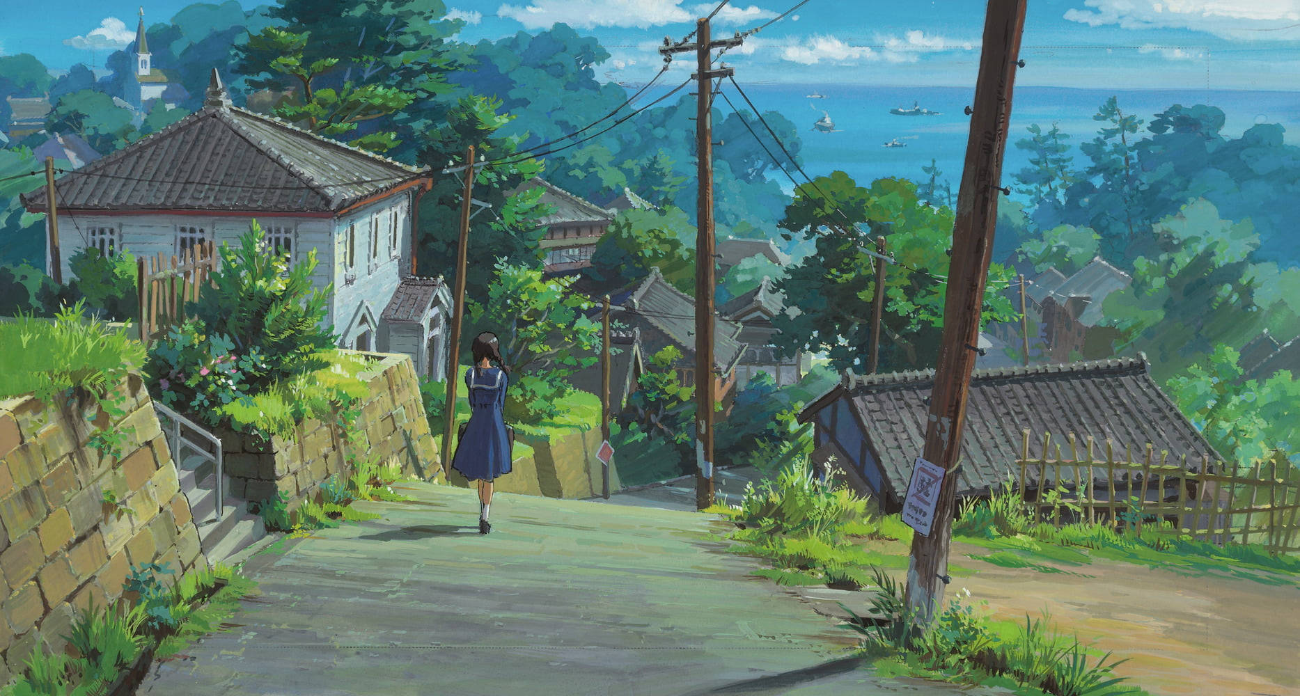 cool female anime character, blue dress, sunlit coastal village, HD Desktop Wallpaper