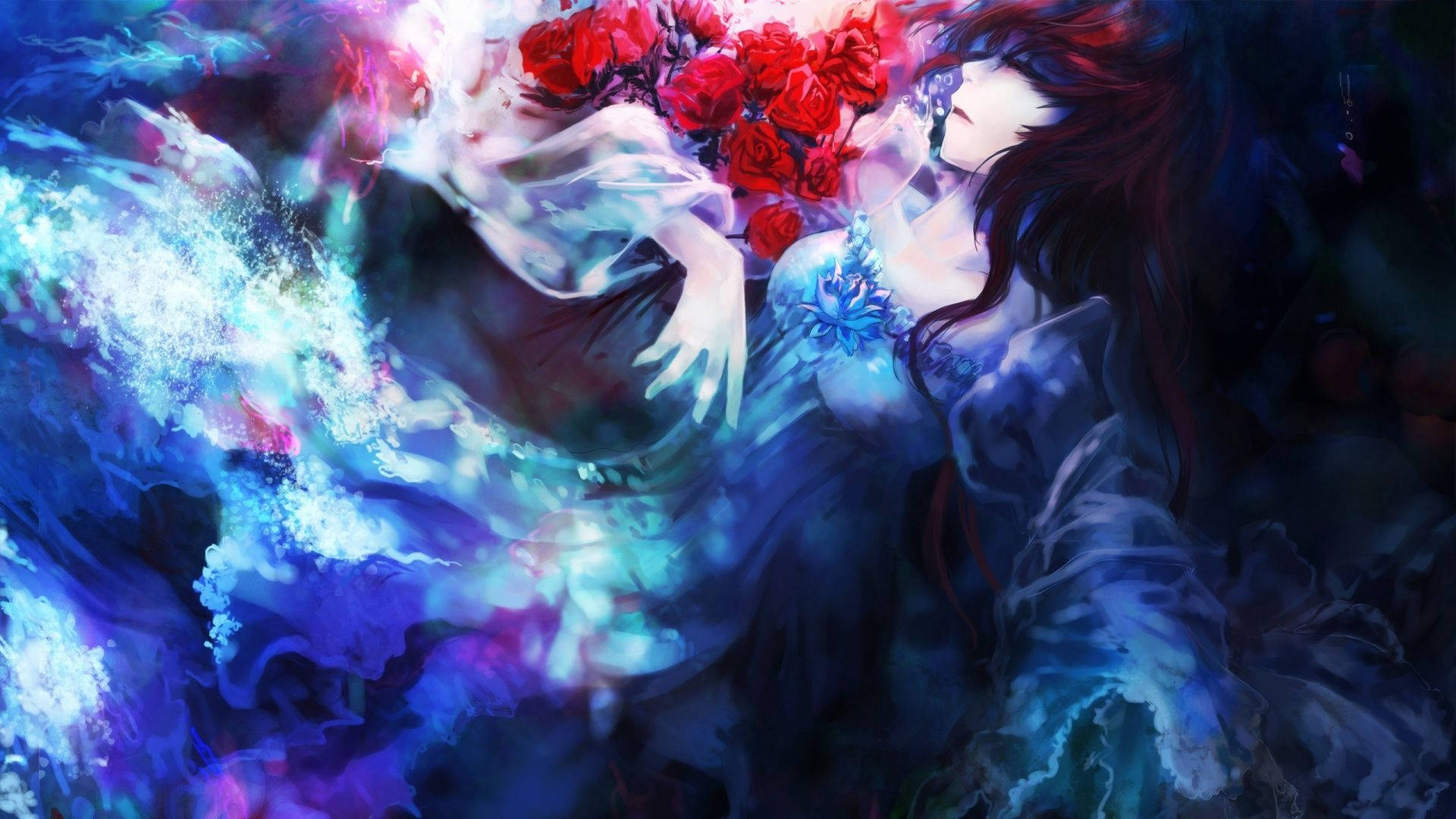 anime girl, flowing dark hair, vivid red roses, Full HD Desktop Wallpaper