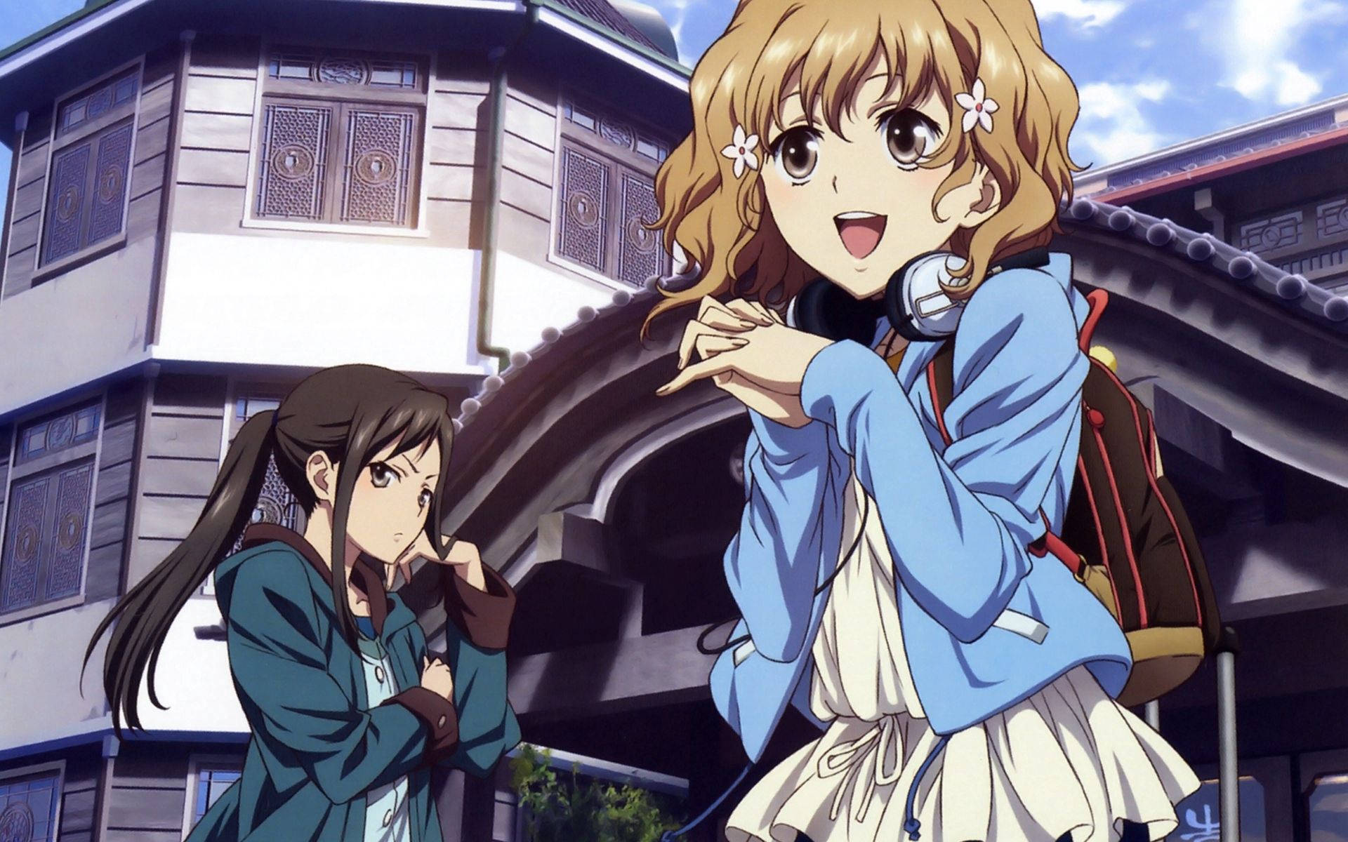Teen Anime Girls, cheerful, headphones, Full HD Desktop Wallpaper