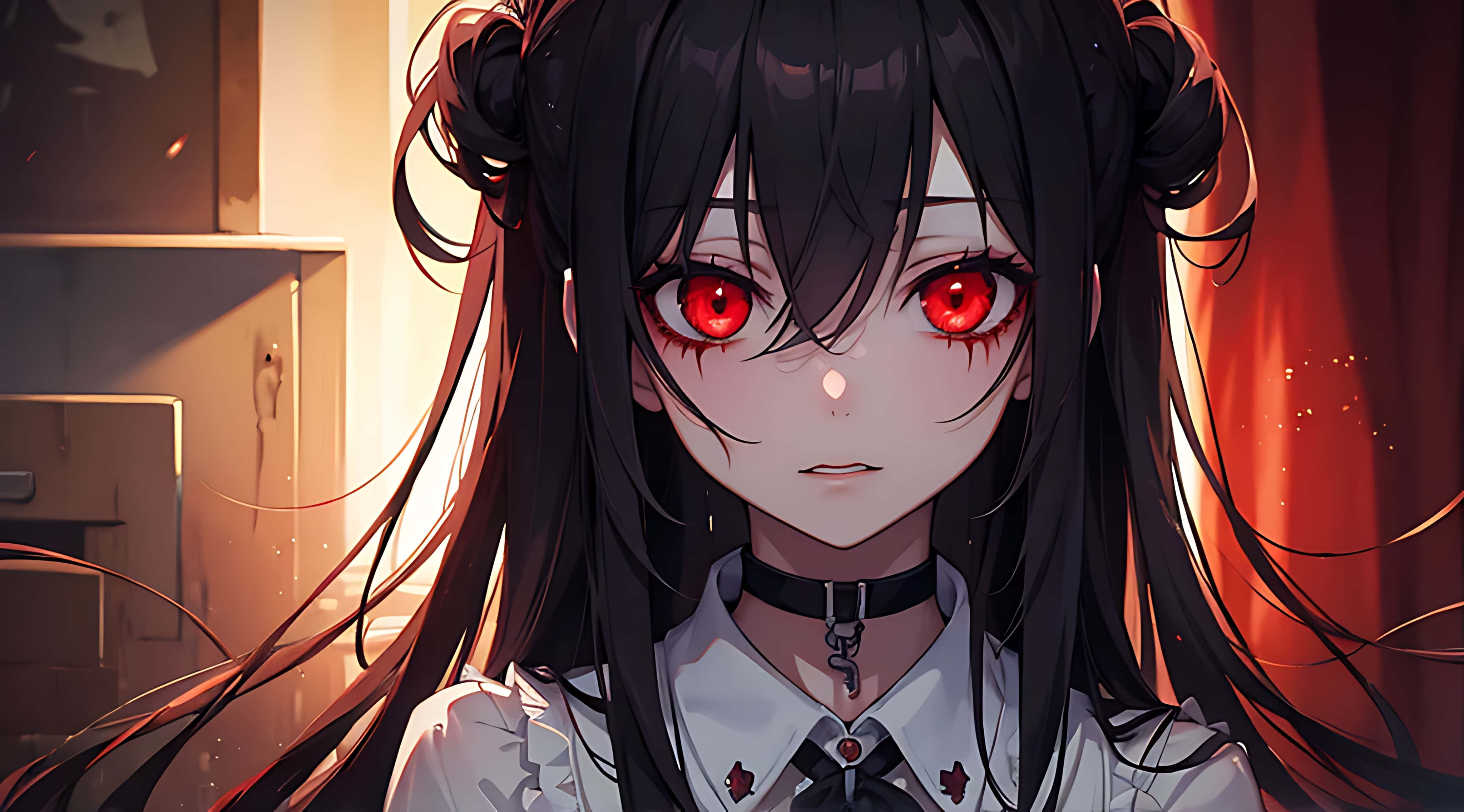 anime girl, glowing red eyes, black hair in twin buns, 4K Desktop Wallpaper
