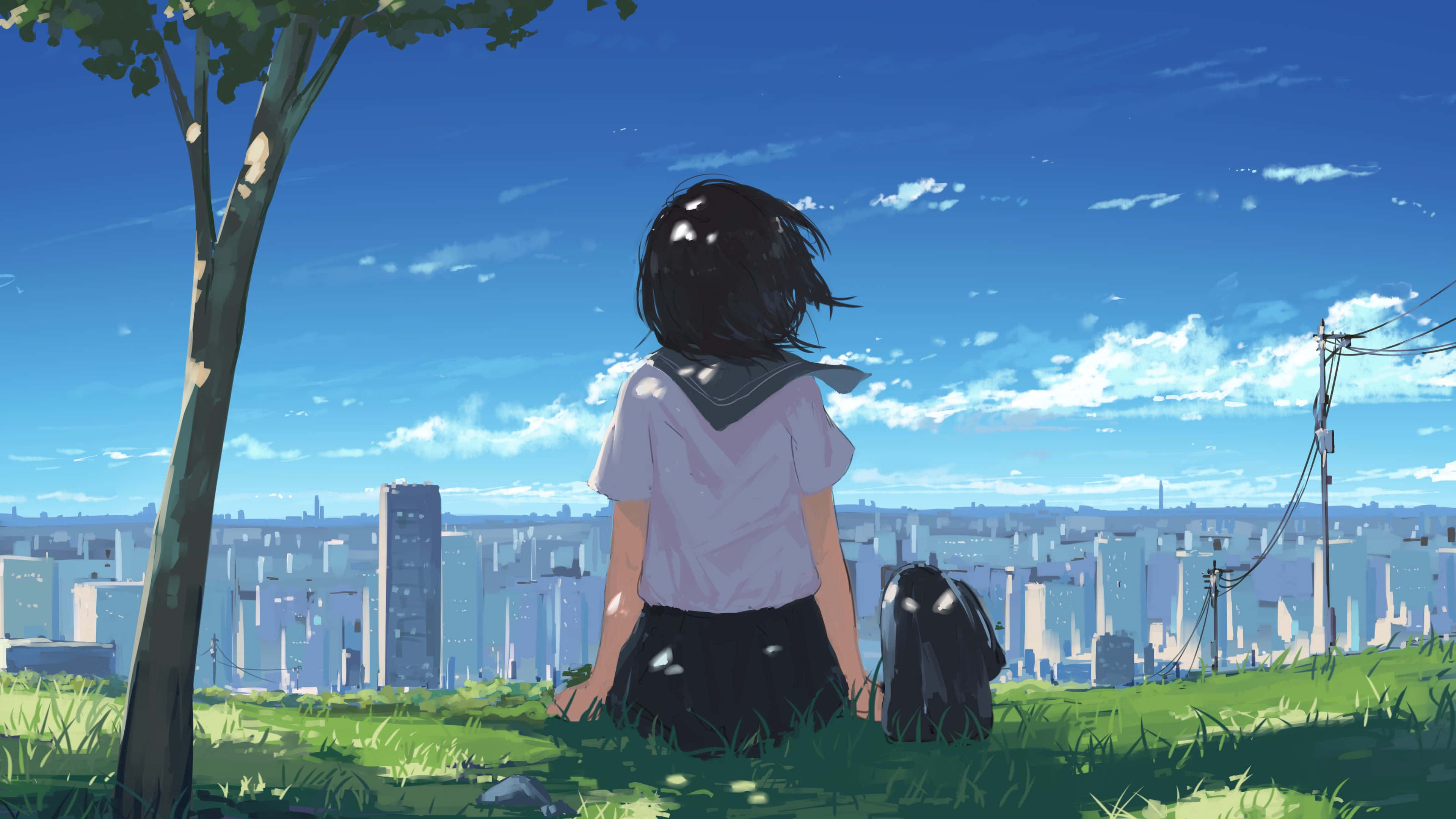 contemplative anime girl, school uniform, grass, 4K Desktop Wallpaper