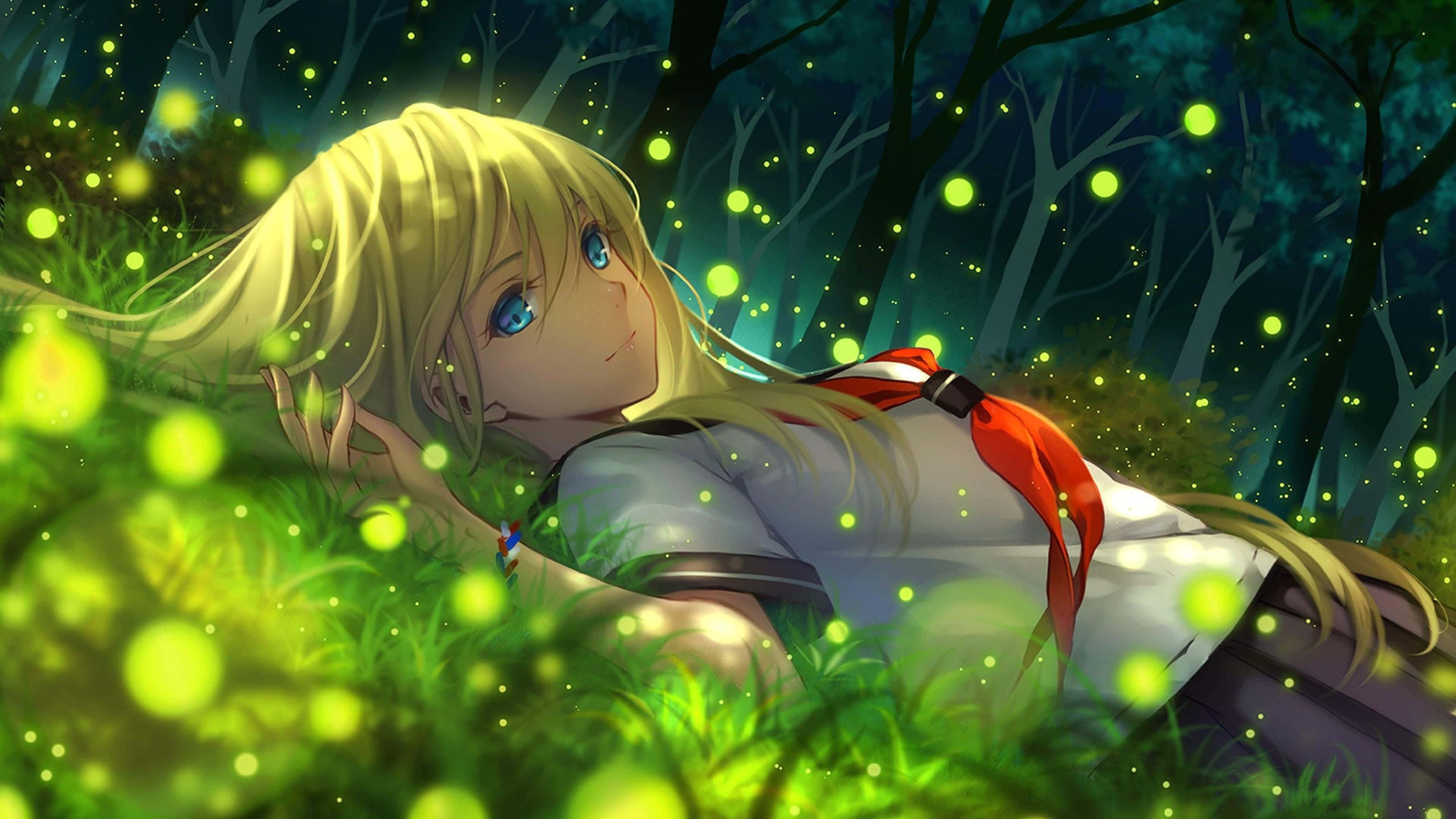 enchanted forest, anime girl, blonde, 4K Desktop Wallpaper