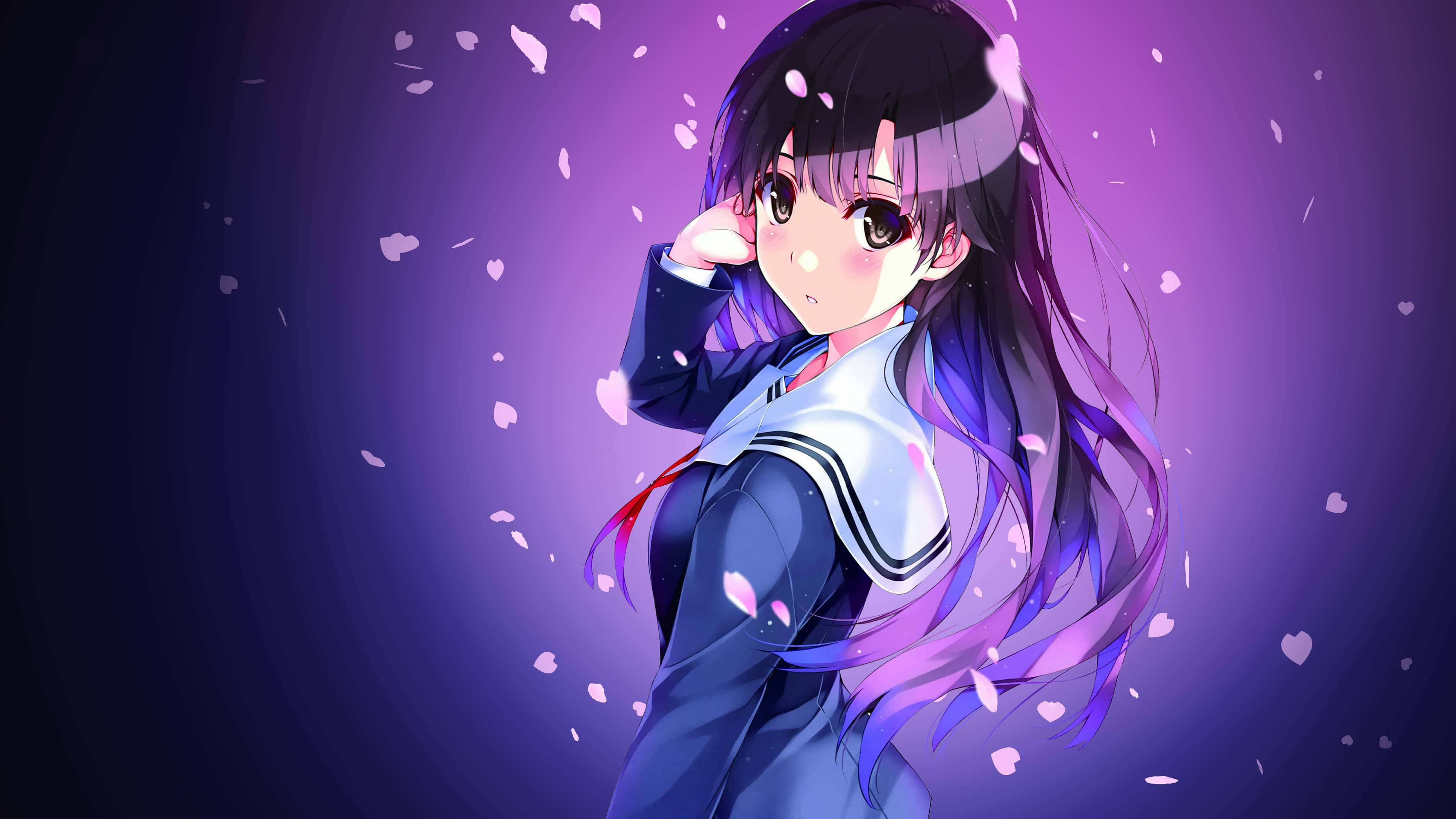anime girl, sailor uniform, pink cherry blossoms, 4K Desktop Wallpaper
