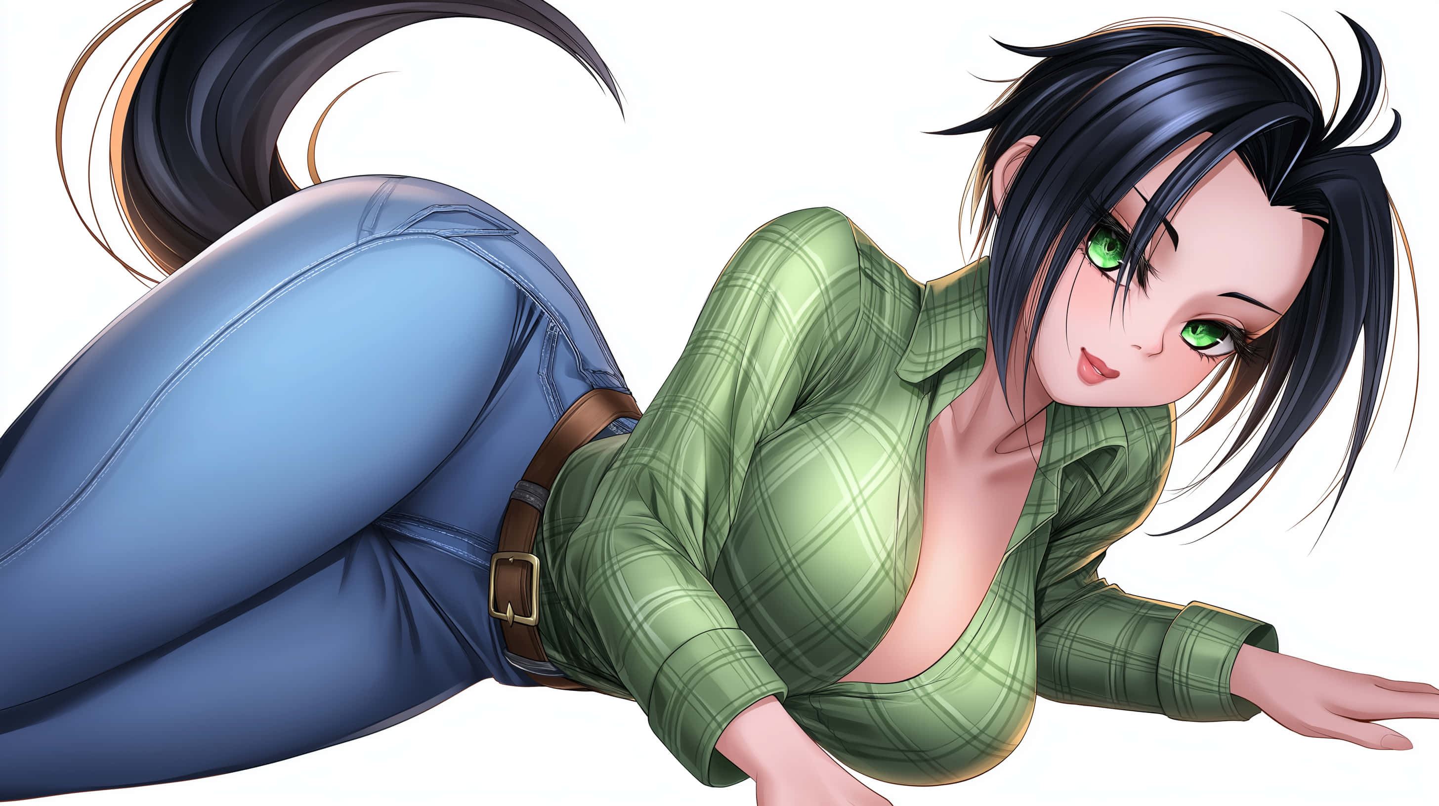 anime woman, green eyes, black hair, 2K Desktop Wallpaper