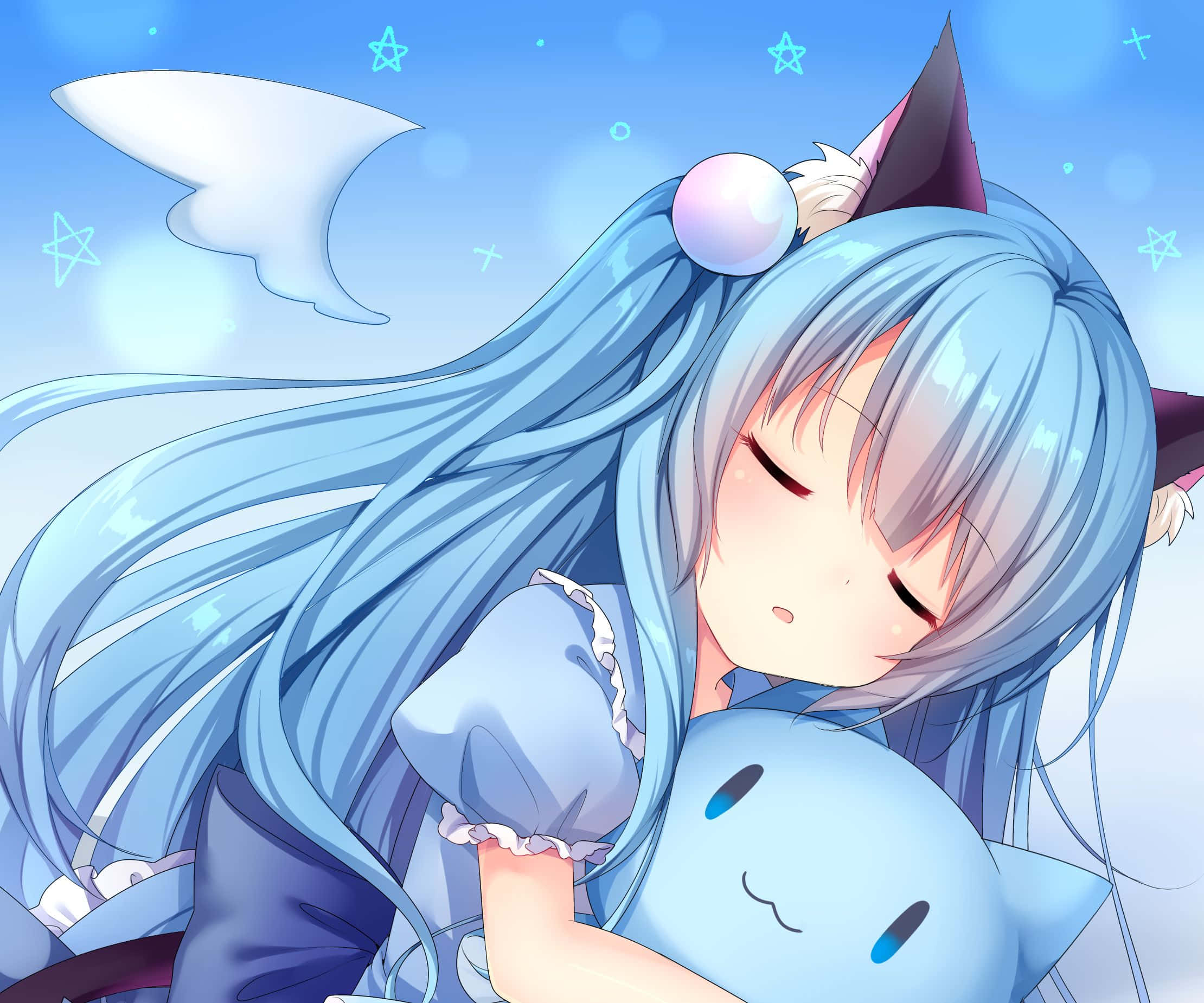 blue-haired anime girl, cat ears, plushie, Full HD Desktop Wallpaper