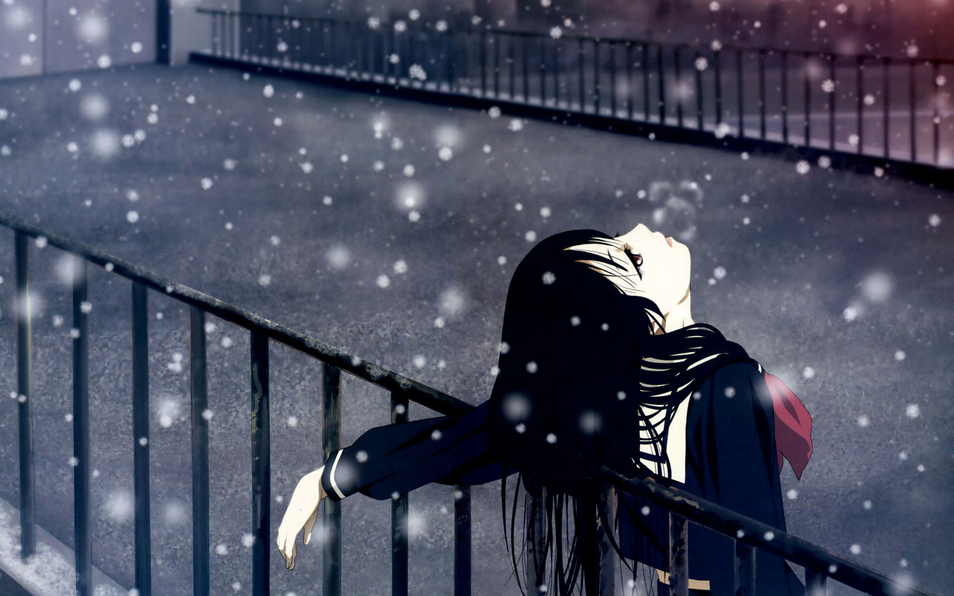 anime girl, long black hair, snowflakes, Full HD Desktop Wallpaper