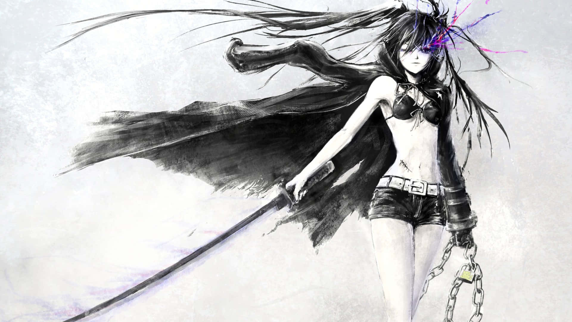 Inane Girl With Katana, long black hair, flowing cape, Full HD Desktop Wallpaper