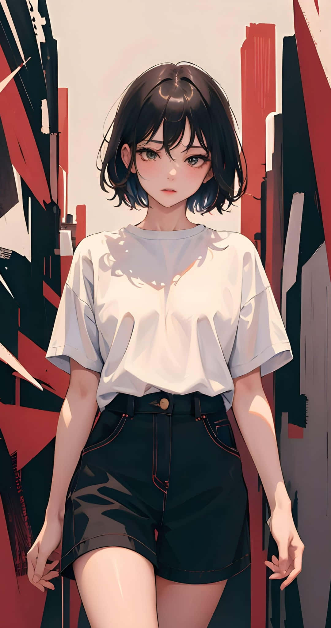urban alleyway, bold red and black geometric buildings, young woman with short dark hair, Full HD Phone Wallpaper