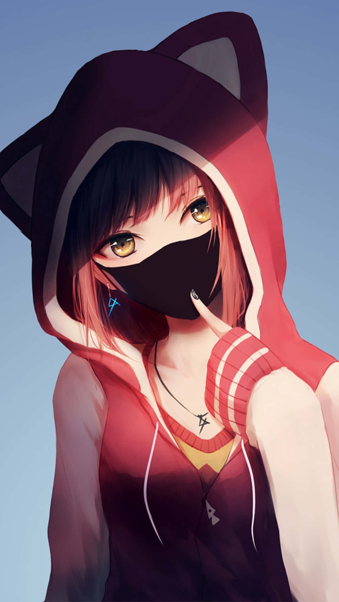 anime girl, red hoodie, cat ears, Full HD Phone Wallpaper