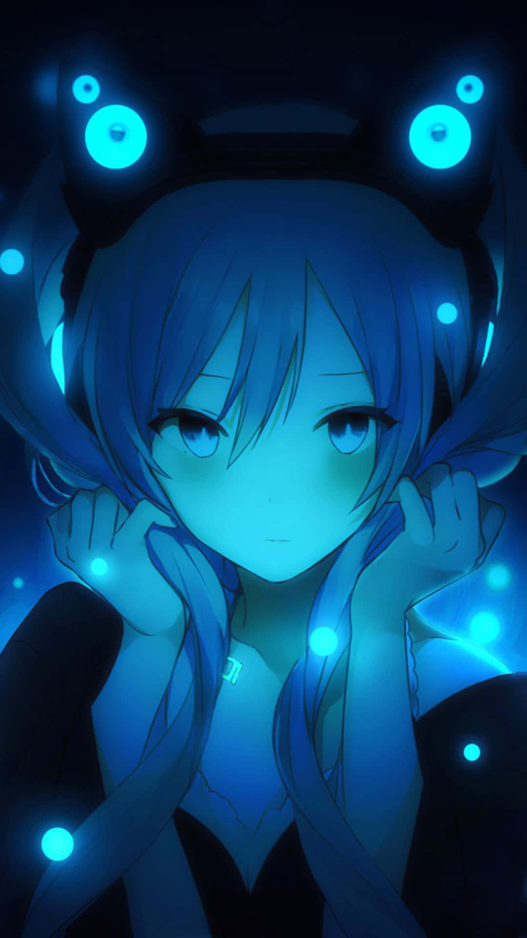 blue-haired anime girl, glowing cat ears, floating orbs, Full HD Phone Wallpaper