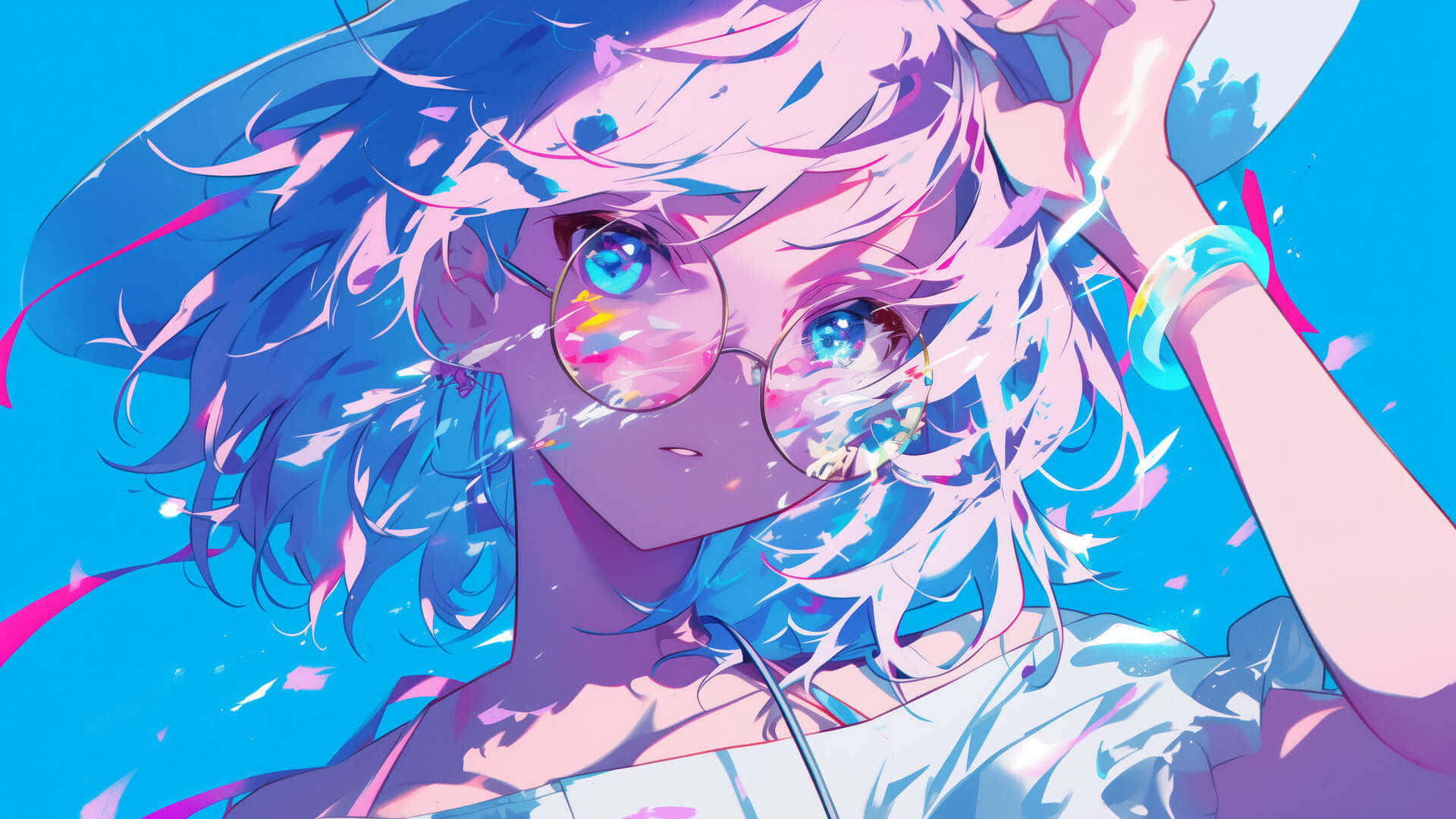 blue haired anime girl, pink and blue hair, round glasses, Full HD Desktop Wallpaper