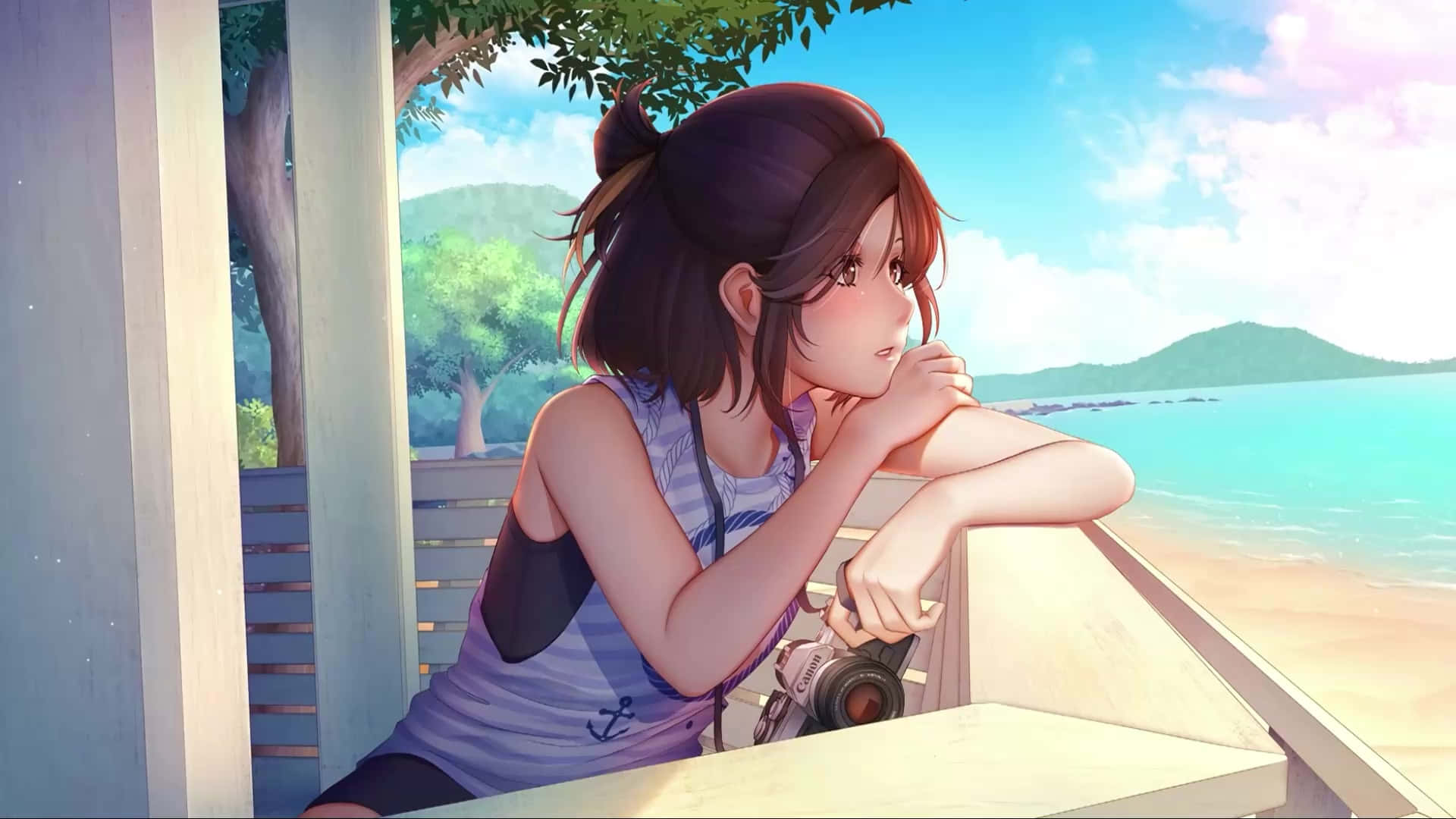 anime girl, brown hair tied in a bun, wooden railing, Full HD Desktop Wallpaper