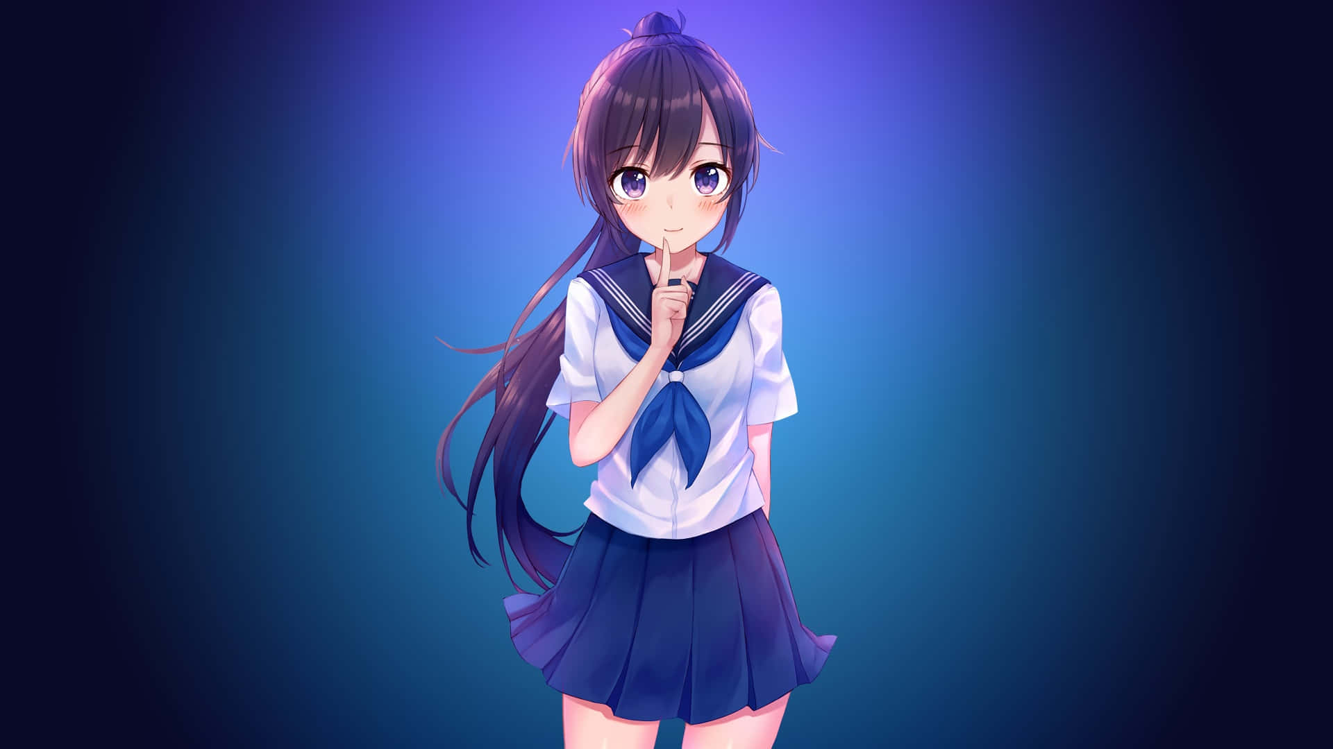 anime girl, blue sailor uniform, finger to lips, Full HD Desktop Wallpaper