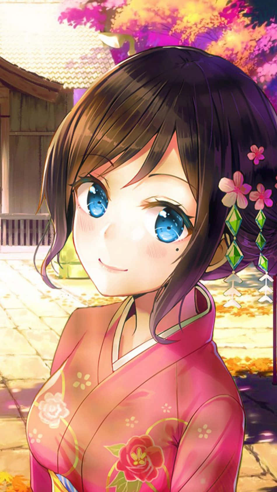 anime girl, pink floral kimono, autumn tree, HD Phone Wallpaper