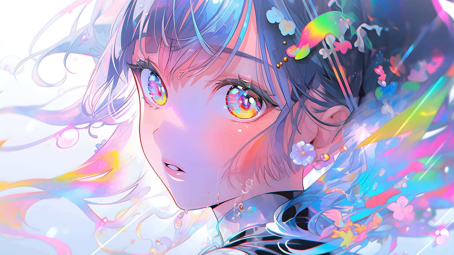 anime girl, iridescent eyes, flowing blue hair, HD Desktop Wallpaper
