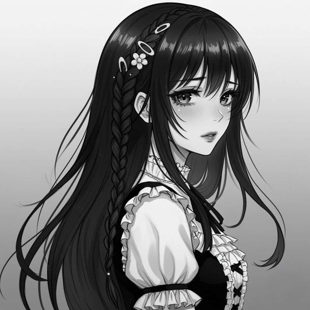 black and white anime girl, monochrome anime girl, long braided hair, SD Desktop Wallpaper