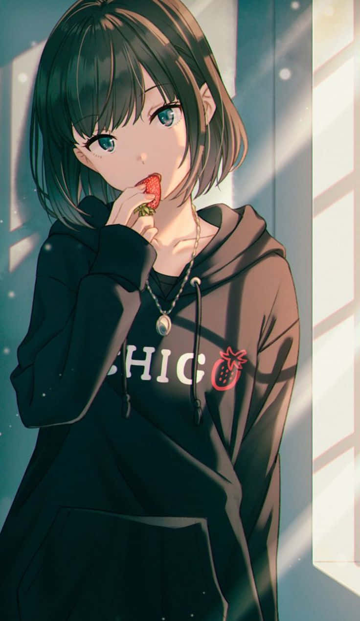 anime girl, short dark hair, blue eyes, SD Phone Wallpaper