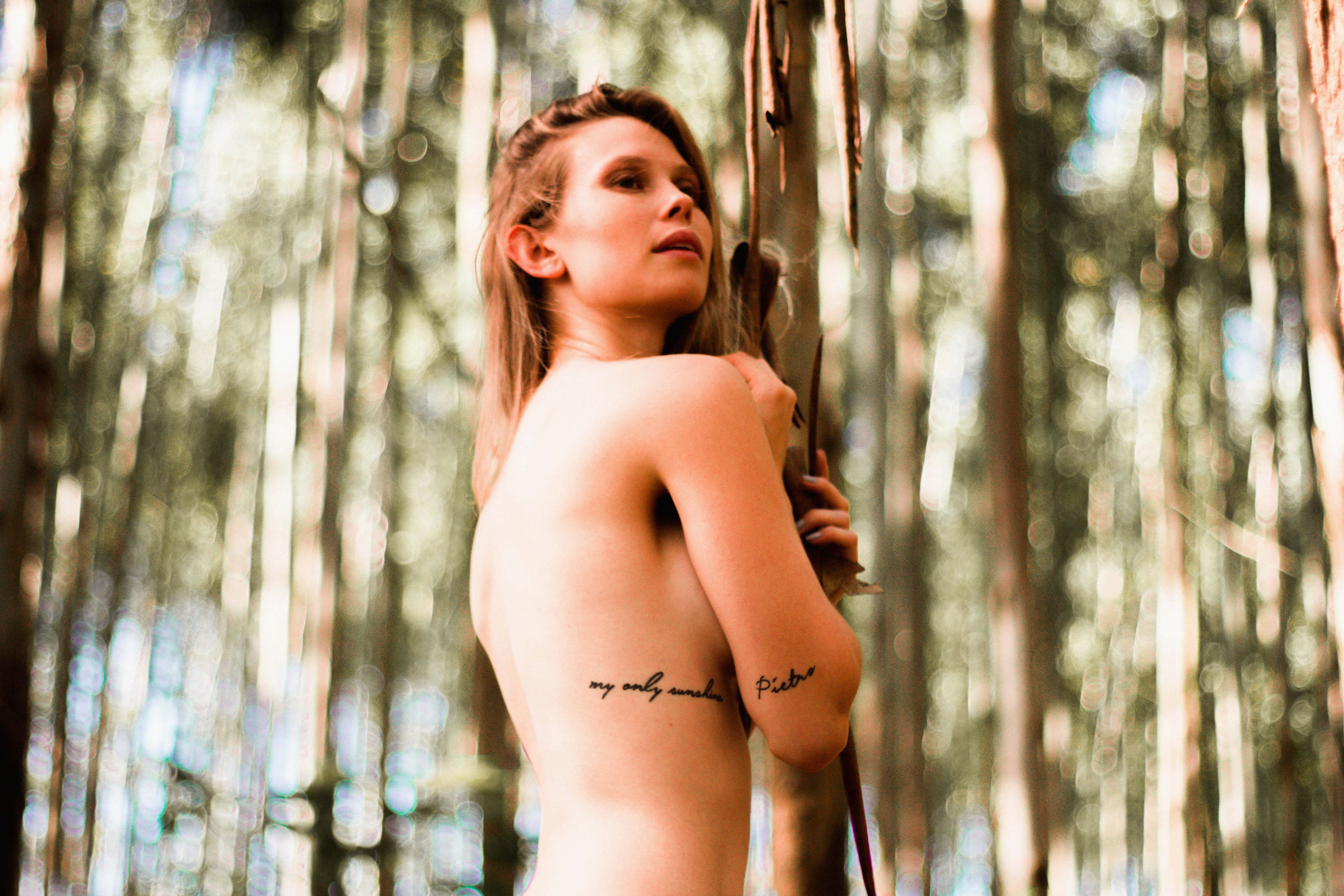 nude woman, tattoos, sunlit forest, 5K Desktop Wallpaper