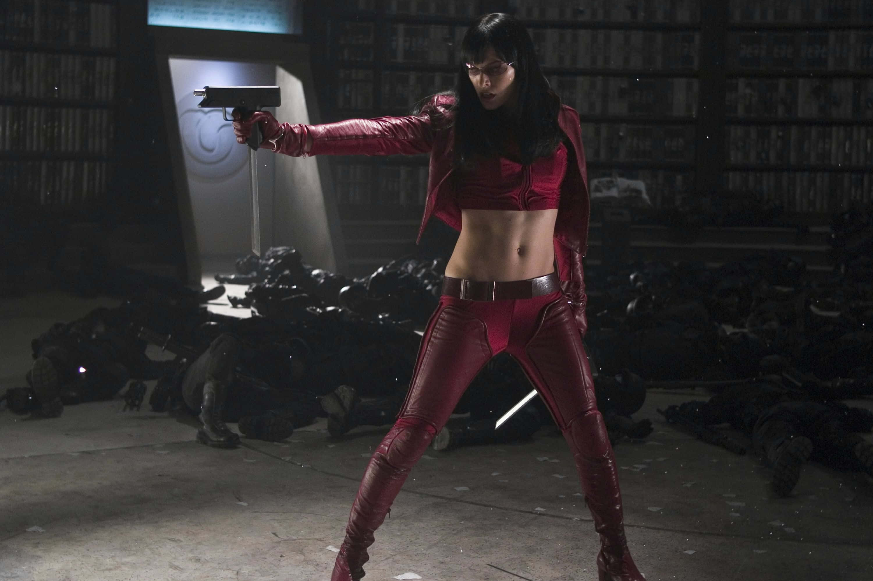Ultraviolet, movie fighting scene, red leather outfit, 2K Desktop Wallpaper