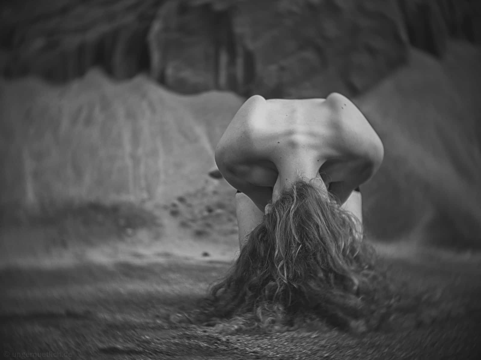 black and white, long hair, rocky terrain, HD Desktop Wallpaper