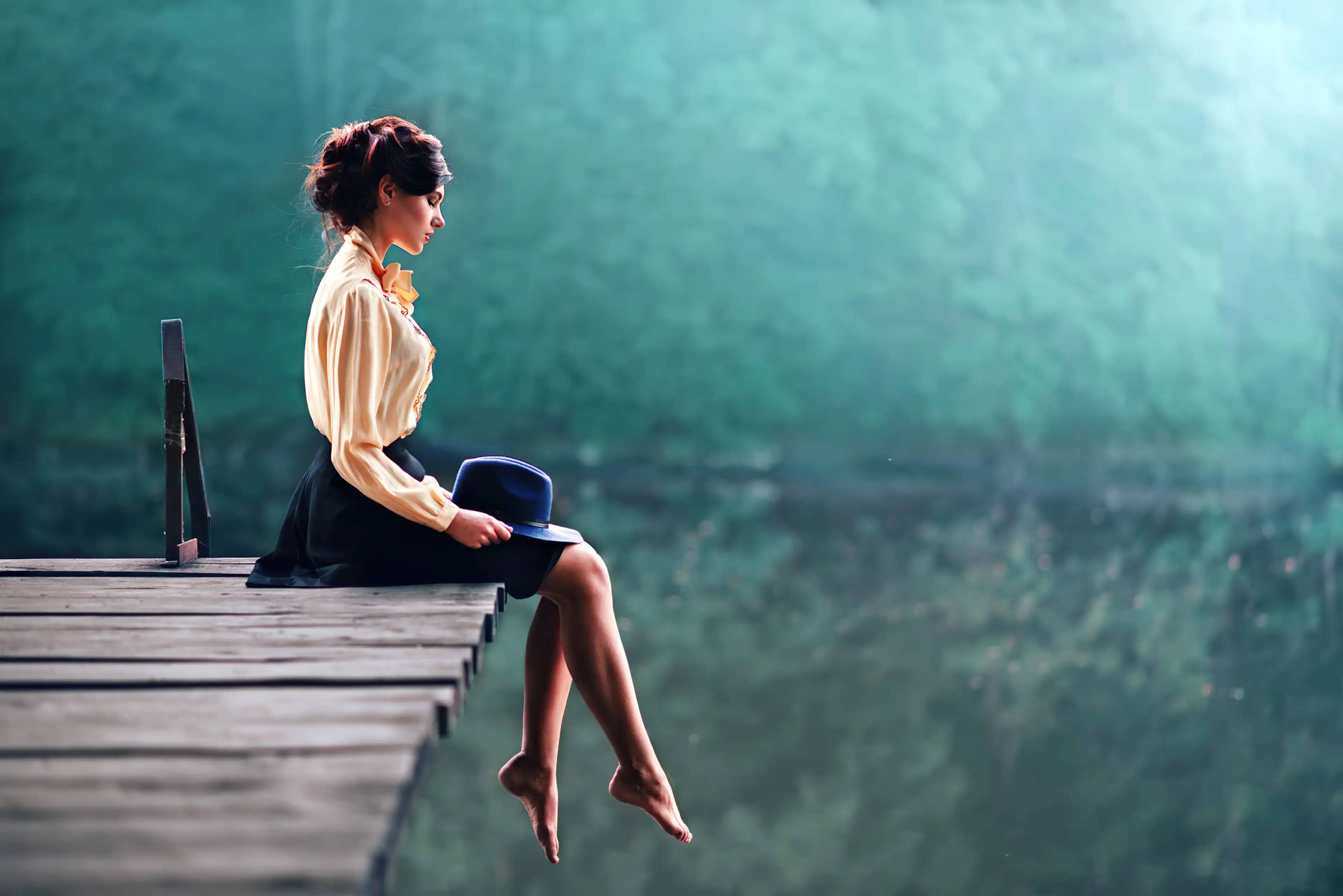 yellow blouse, wooden dock, blue hat, 4K Desktop Wallpaper