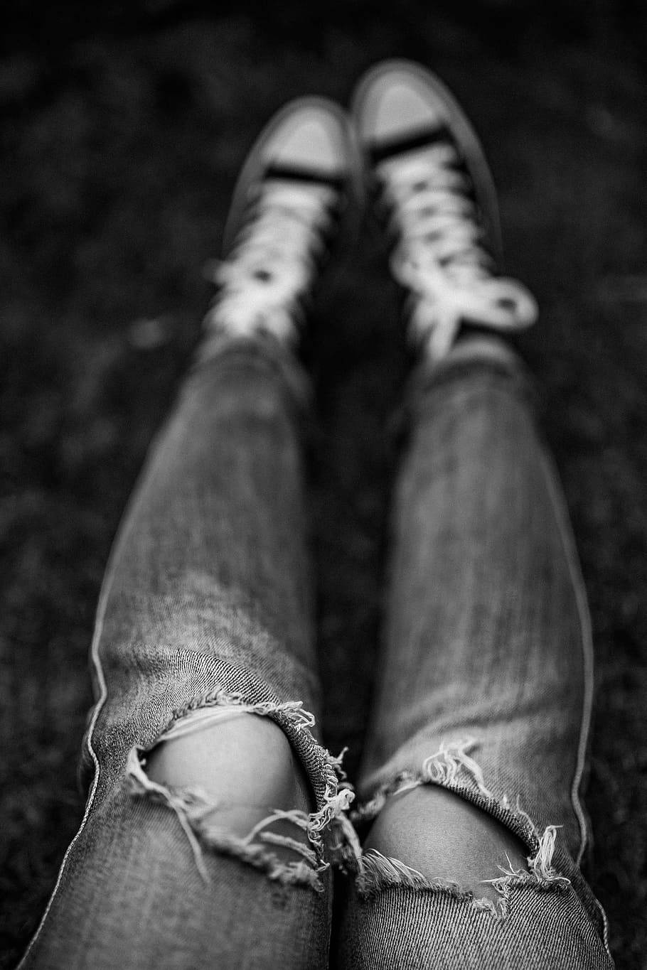 ripped jeans, sneakers, grass, HD Phone Wallpaper