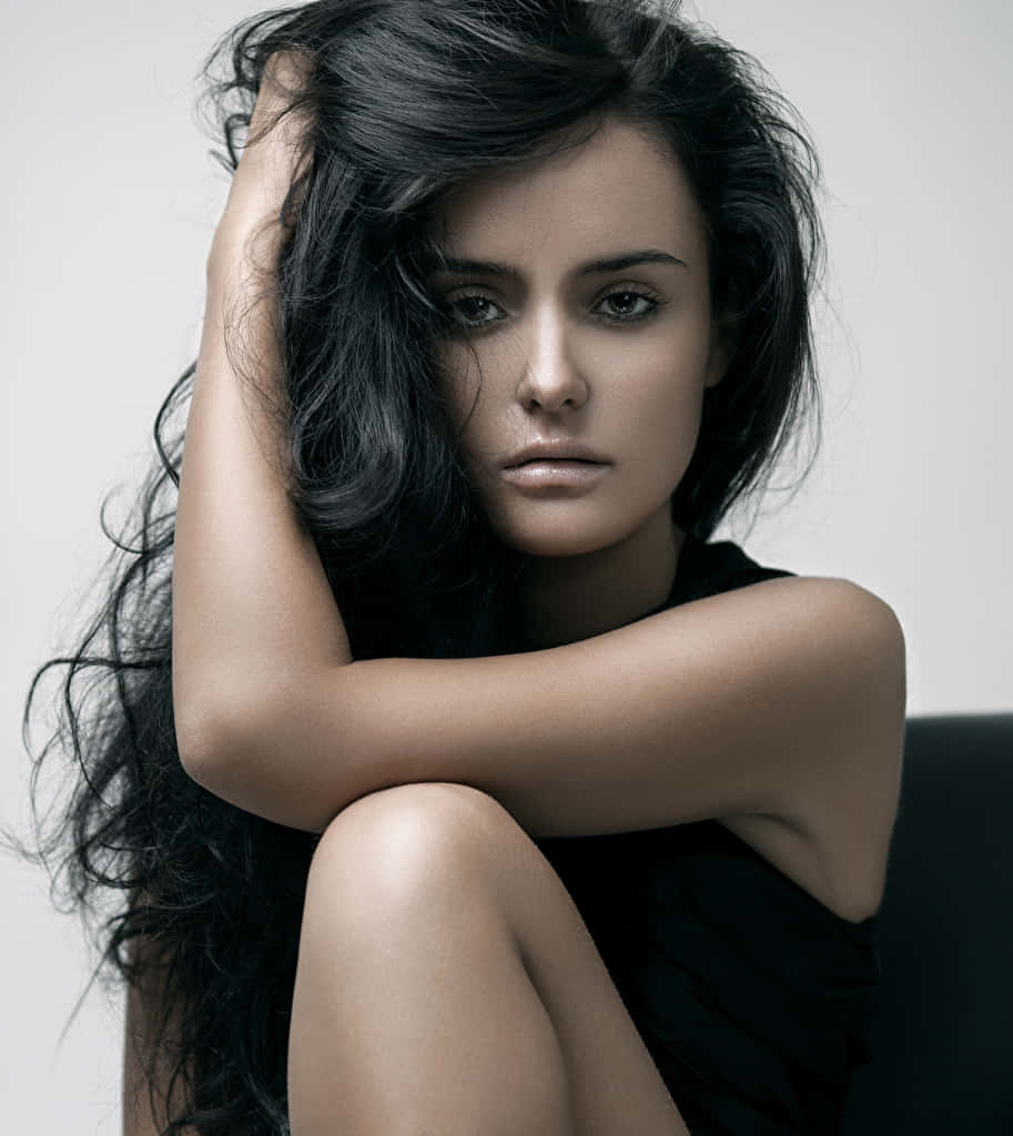 young female model, curly black hair, black dress, SD Phone Wallpaper