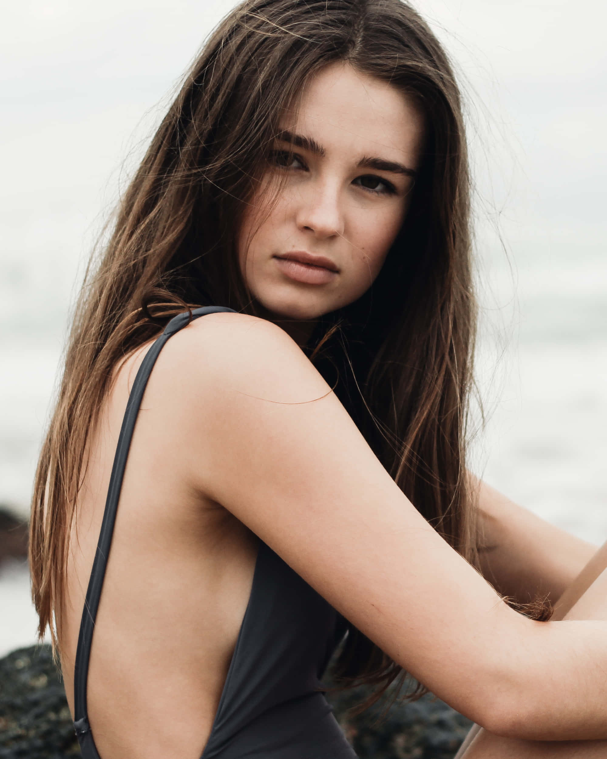 young female model, black swimsuit, long brown hair, Full HD Phone Wallpaper