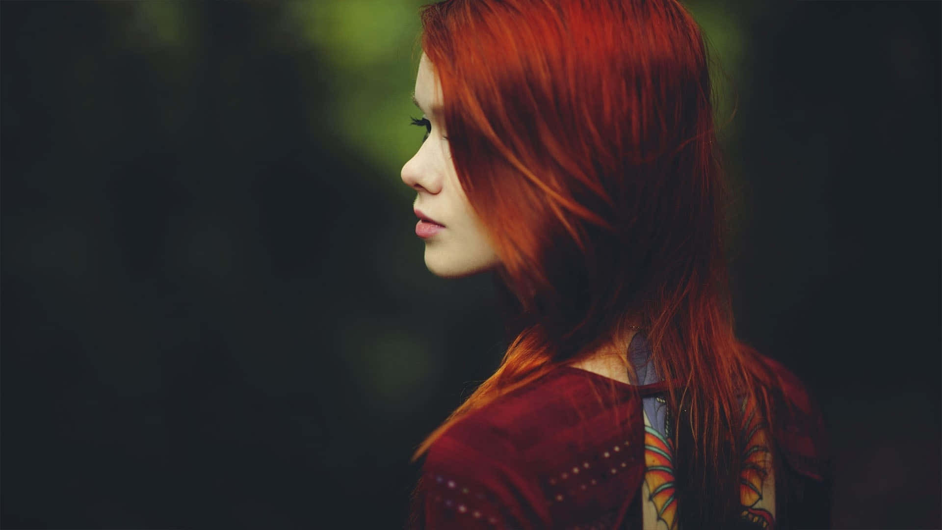 young female model, vibrant red hair, side view, Full HD Desktop Wallpaper