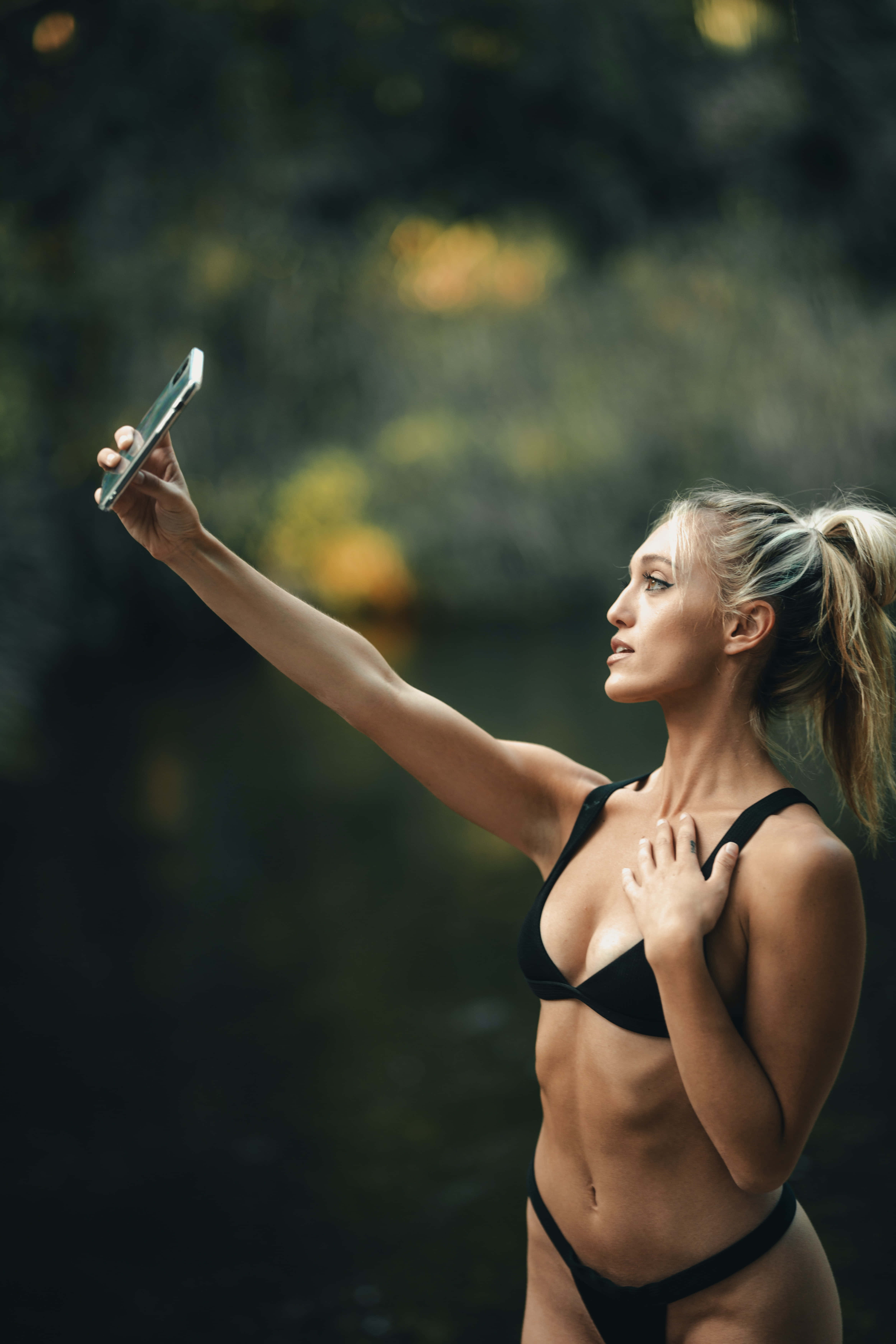 black bikini, misty forest stream, golden foliage, 5K Phone Wallpaper
