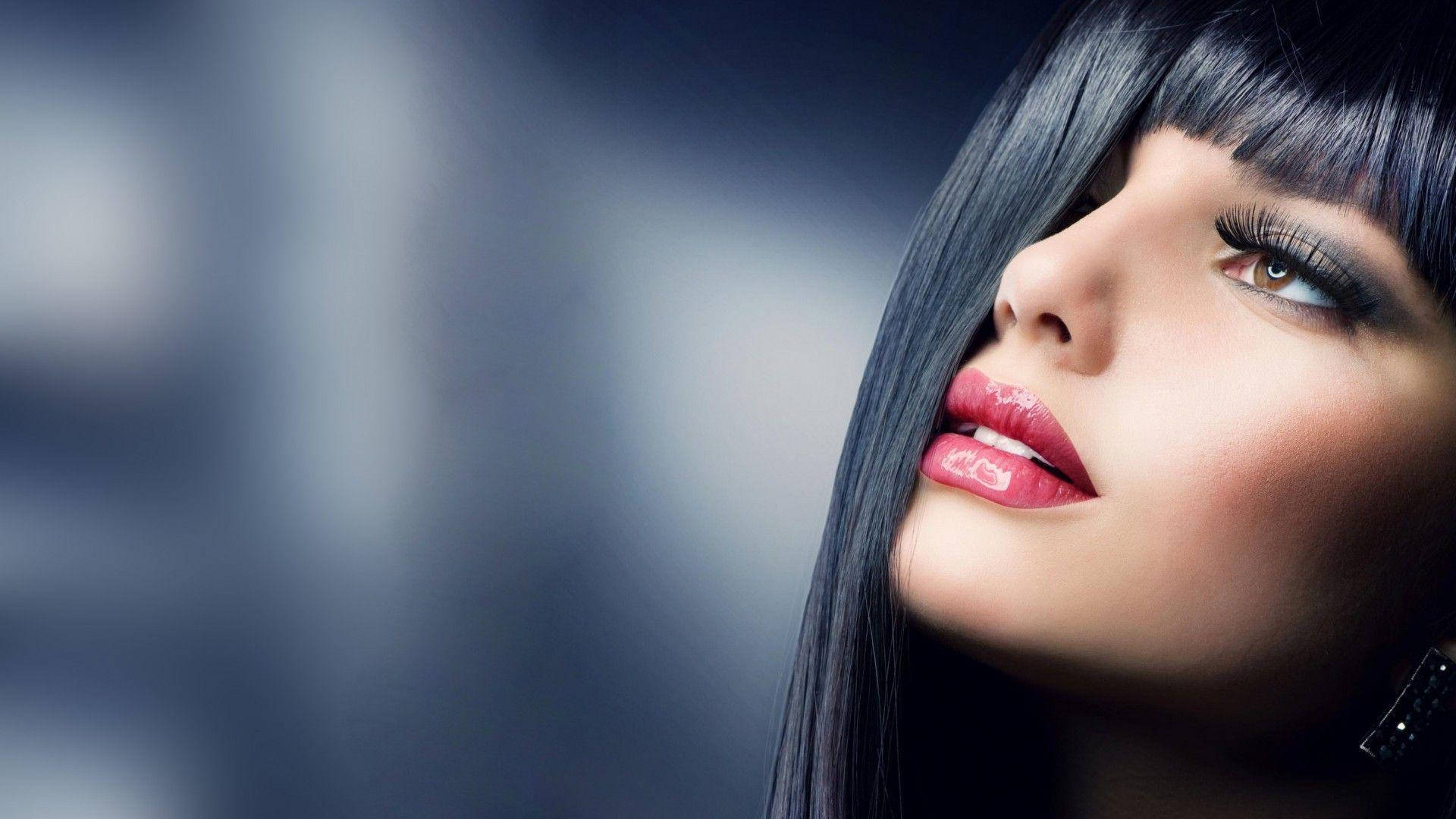 silky black hair, dark hair, bold red lips, Full HD Desktop Wallpaper