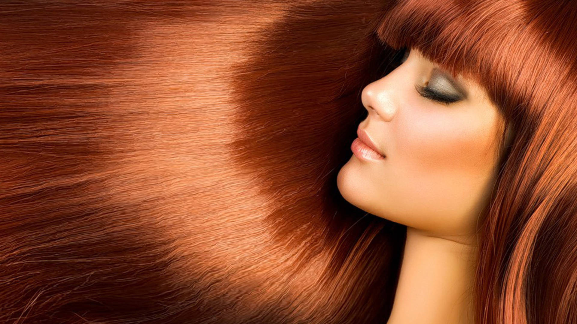 long flowing auburn hair, closed eyes, soft warm light, Full HD Desktop Wallpaper